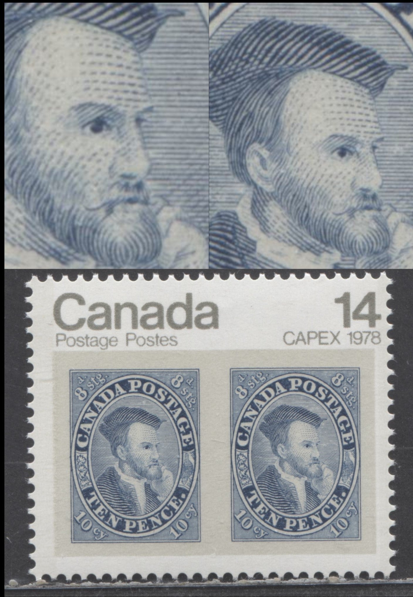 Lot 29 Canada #754ivar 14c Blue & Multicolored Jacques Cartier, 1978 CAPEX Issue, A VFNH Single With Major Re-Entry - Doubling Of Shading Lines & Slots On Cartier's Face On Left, Scarcer DF1/DF1 Bluish Paper