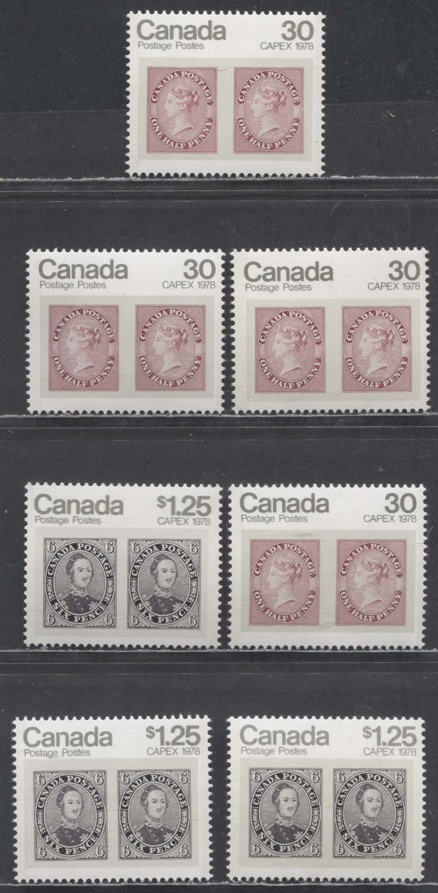 Canada #755-756 30c & $1.25 Multicolored Queen Victoria - Prince Albert, 1978 CAPEX Issue, 7 VFNH Singles On DF/DF & DF/LF Papers