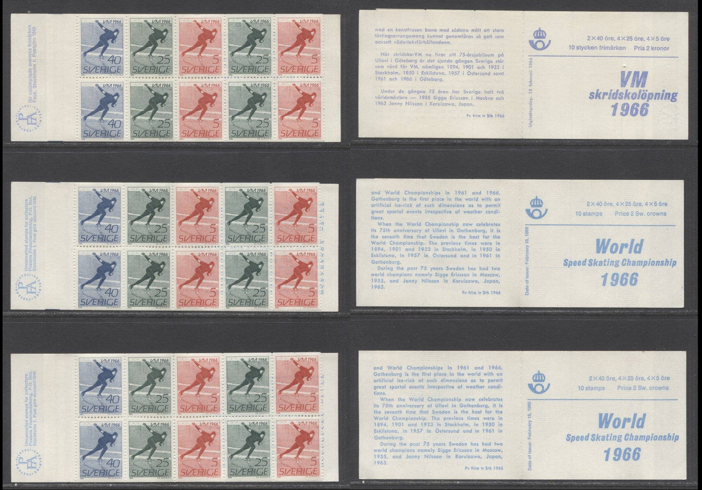 Sweden SC#698a (Facit #H176A1/H176B2) 1966 World Speed Skating Championships Issue, Bright Blue on White English, And Ultramarine Swedish Covers, Bisected and No Registration Markings, 3 VFNH Booklets of 10 (2+4+4), Estimated Value $7
