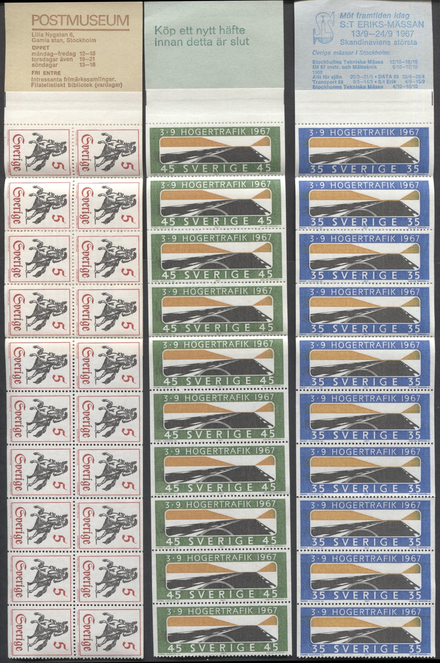 Sweden SC#735a(Facit #H192)/756a (Facit #H195CII) 1967 Adoption of Right Hand Driving Issue & Pictorial Definitives, LF and DF Covers, 3 VFNH Booklets Of 10 And 20, Click on Listing to See ALL Pictures, Estimated Value $6