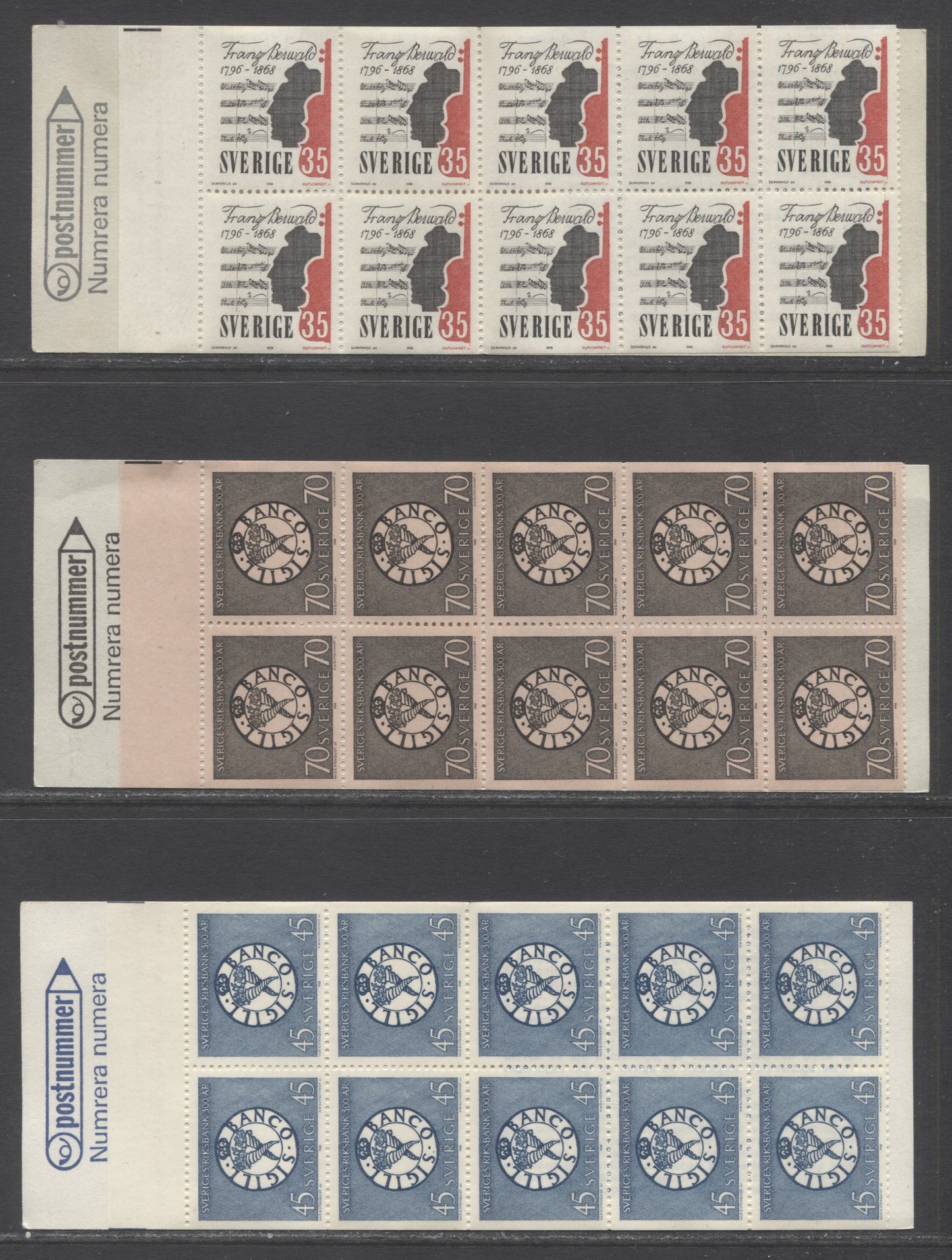 Sweden SC#775a (Facit H202) -779a (Facit H204) 1968 Franz Berwald & National Bank Issues, DF and HF Covers, 3 VFNH Booklets of 10, Click on Listing to See ALL Pictures, Estimated Value $26