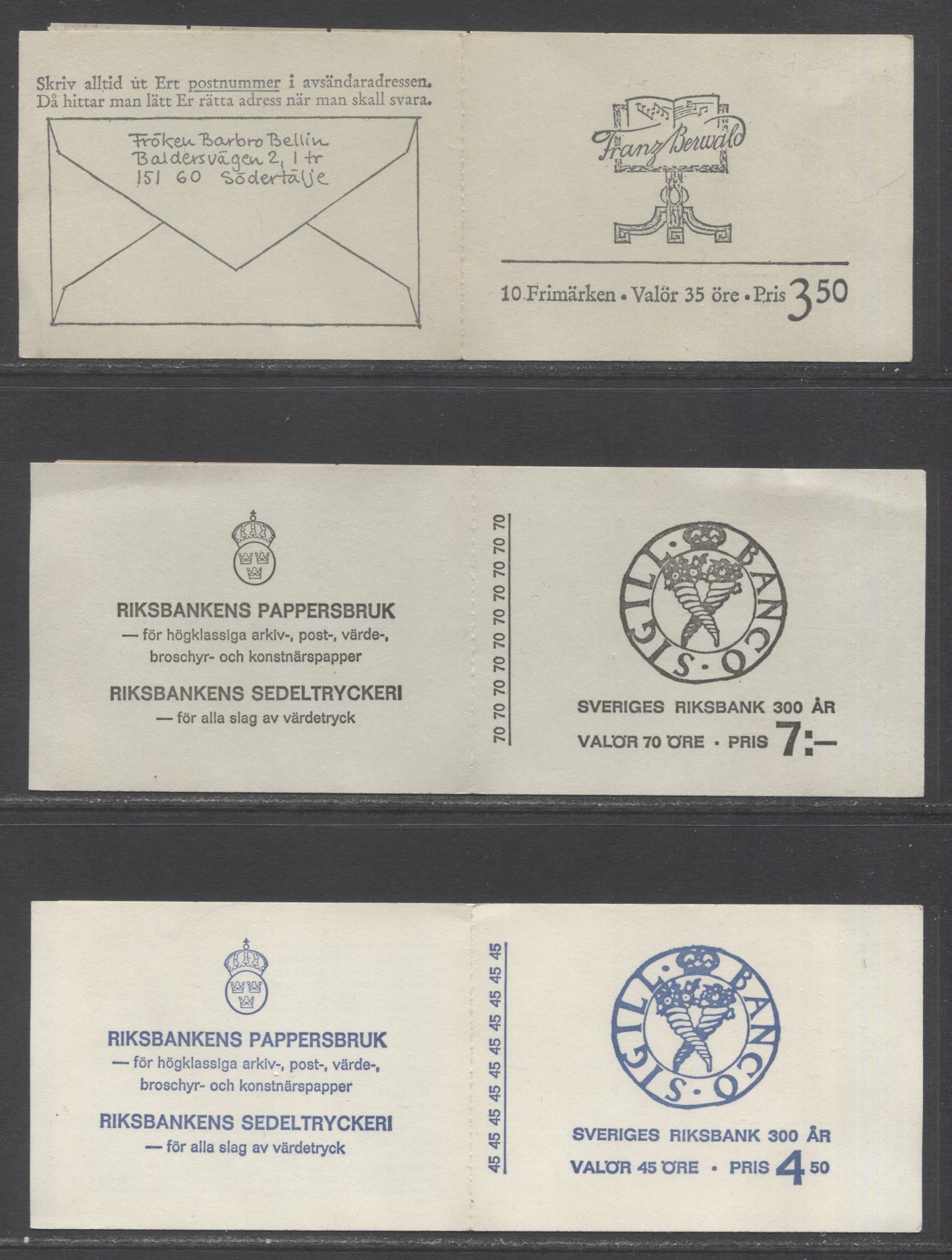 Sweden SC#775a (Facit H202) -779a (Facit H204) 1968 Franz Berwald & National Bank Issues, DF and HF Covers, 3 VFNH Booklets of 10, Click on Listing to See ALL Pictures, Estimated Value $26