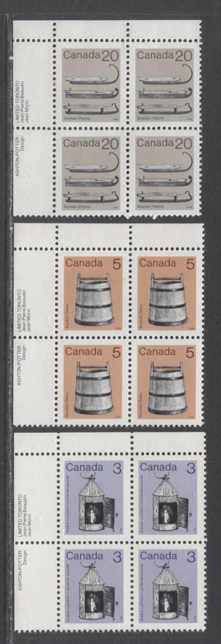 Lot 85 Canada #919i, 920, 922 3c, 5c, 20c Purple/Gray Brown & Multicolored Lantern/Ice Skates, 1982-1897 Low-Value Artifact Definitives, 3 VFNH UL Inscription Blocks Of 4 On LF/LF3-fl (3c), DF/DF (5c) & DF/NF (20c) Abitibi Paper
