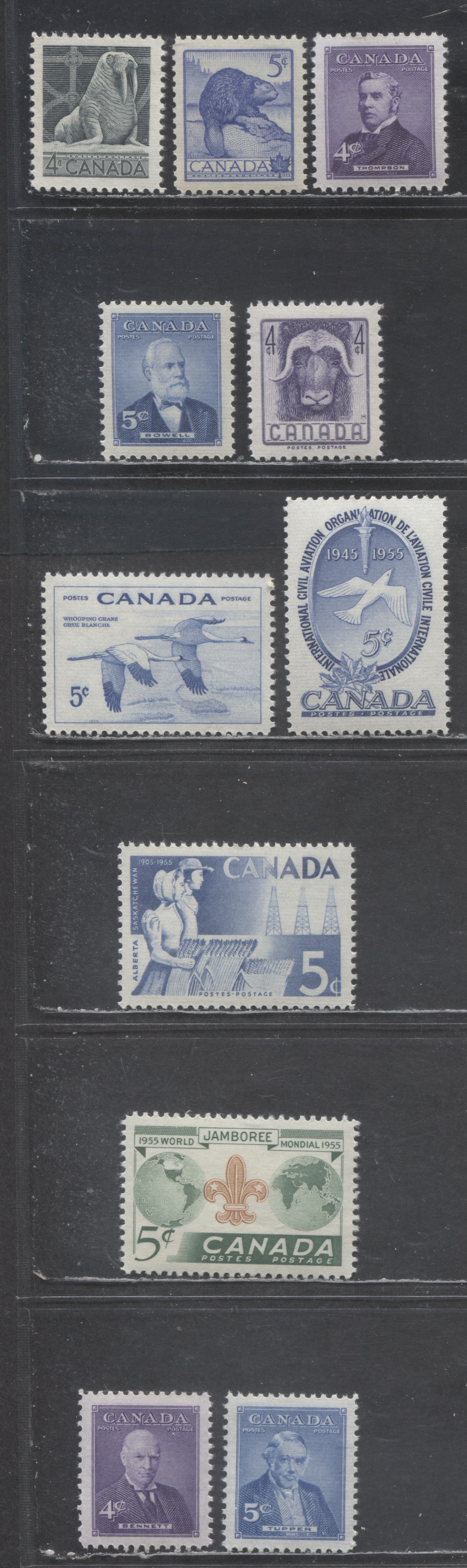 Canada #335-336, 349-350, 352-358 4c-5c Various Colours Various Subjects, 1954-1955 Wildlife Week Issue - Prime Ministers Issue, 11 VFNH Singles, Horizontally & Vertically Ribbed Papers, Cream & Yellowish Cream Gums
