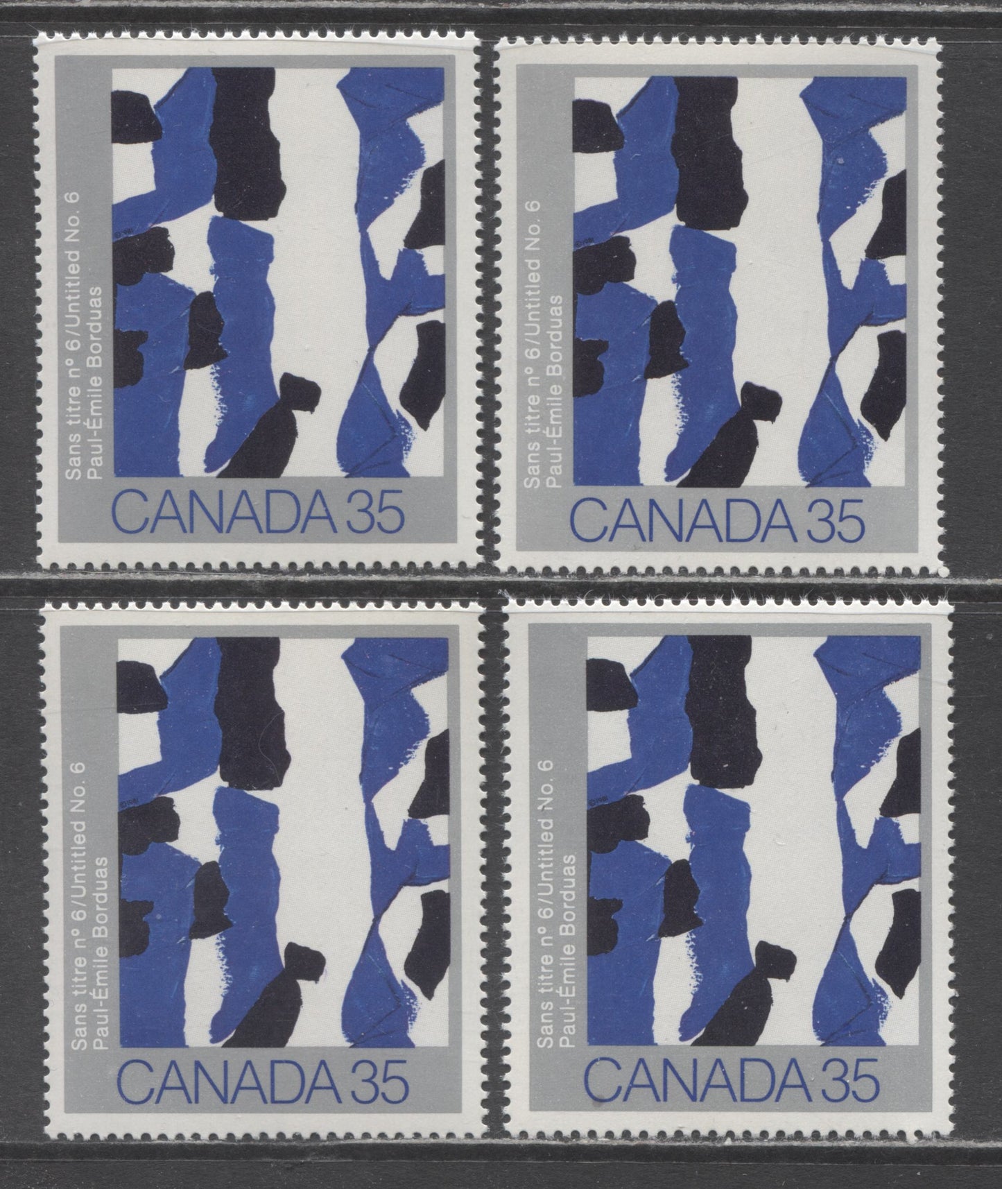 Lot 77 Canada #889-i 35c Multicoloured Untitled No. 6, 1981 Canadian Painters, 3 VFNH Singles, Various NF/NF-fl, DF/F, DF/DF and DF/LF Papers