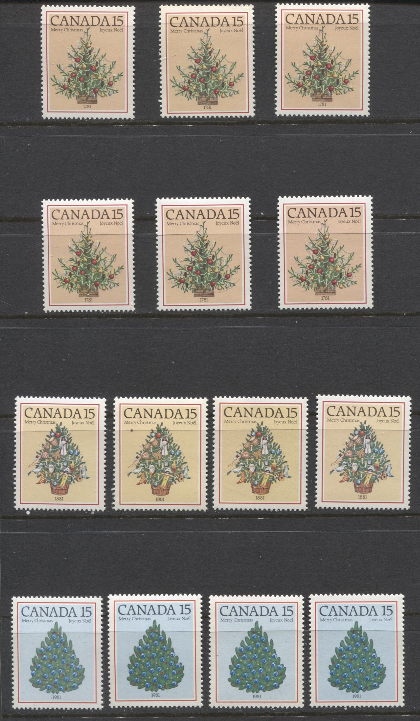 Lot 84 Canada #900-902i 15c Multicoloured Christmas Trees, 1981 Christmas Issue, 14 VFNH Singles, Various NF/DF, NF/NF-fl, DF/LF, LF/LF, LF/F, DF/DF, NF/NF Papers