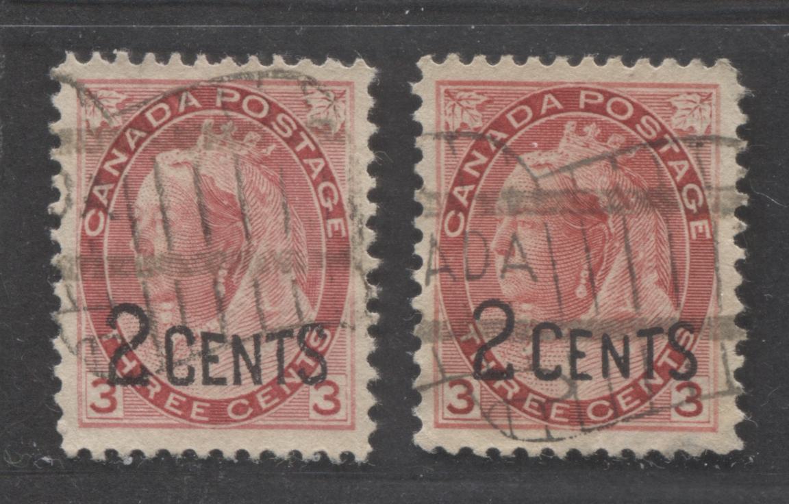 Lot 49 Canada #88 2c on 3c Carmine Queen Victoria, 1899 Surcharges, 2 VF Used Singles, Normal Surcharge Placcement, Two Different Shades, Different From Lot 267