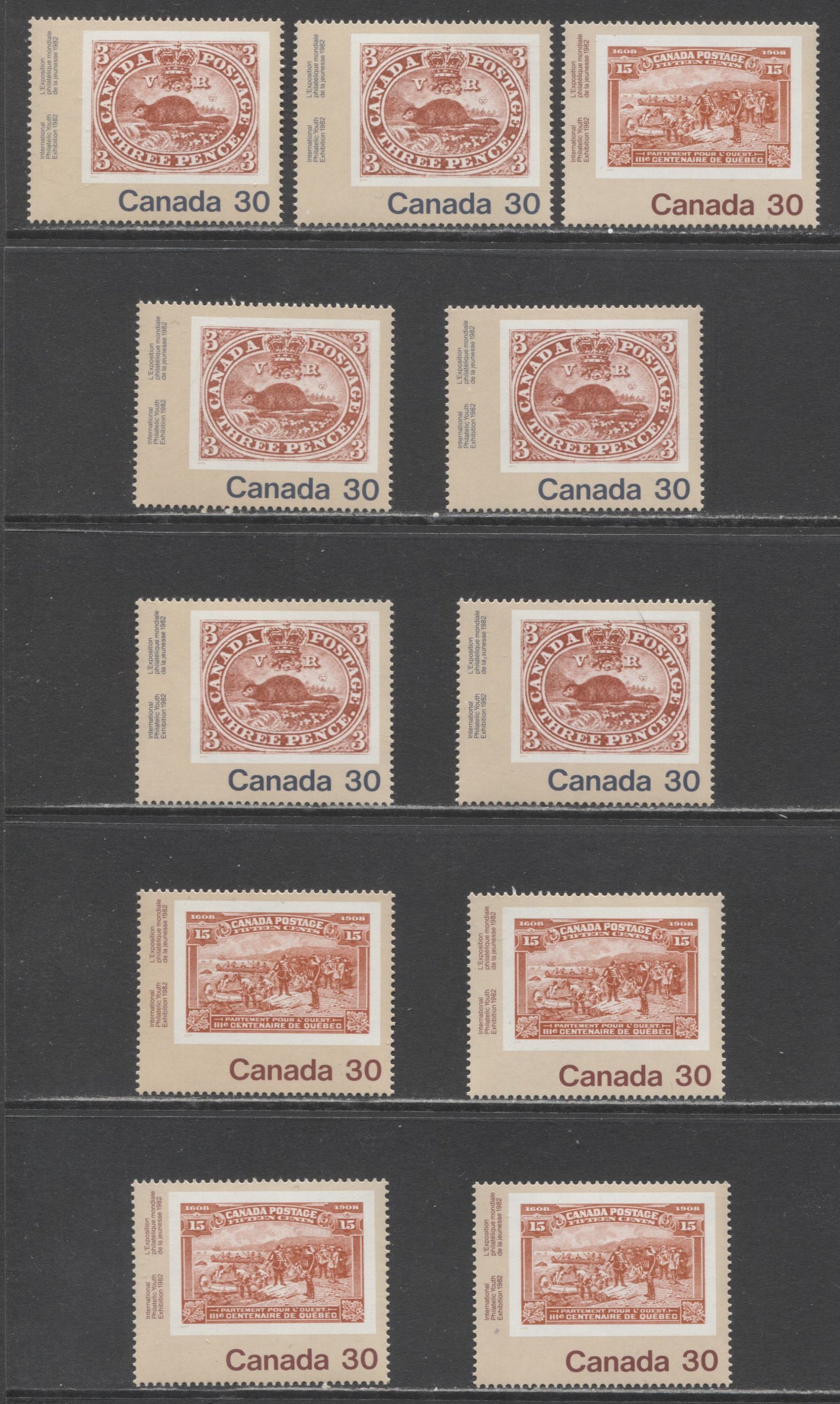 Lot 50 Canada #909-910 30c Multicoloured Threepenny Beaver & Champlain's Departure, 1982 Canada '82 Issue, 11 VFNH Singles , Various DF/DF, DF/NF, DF/DF-fl and DF/LF-fl Papers