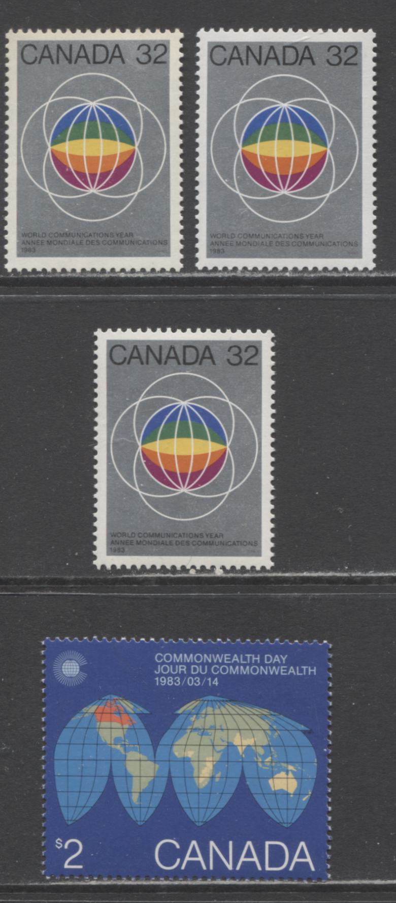 Lot 54 Canada #976-977 32c & $2 Multicoloured Globe & Map of The Earth, 1983 Commonwealth Day & World Communications Year Issues, 5 VFNH Singles, DF/DF, NF/NF and DF/LF Papers