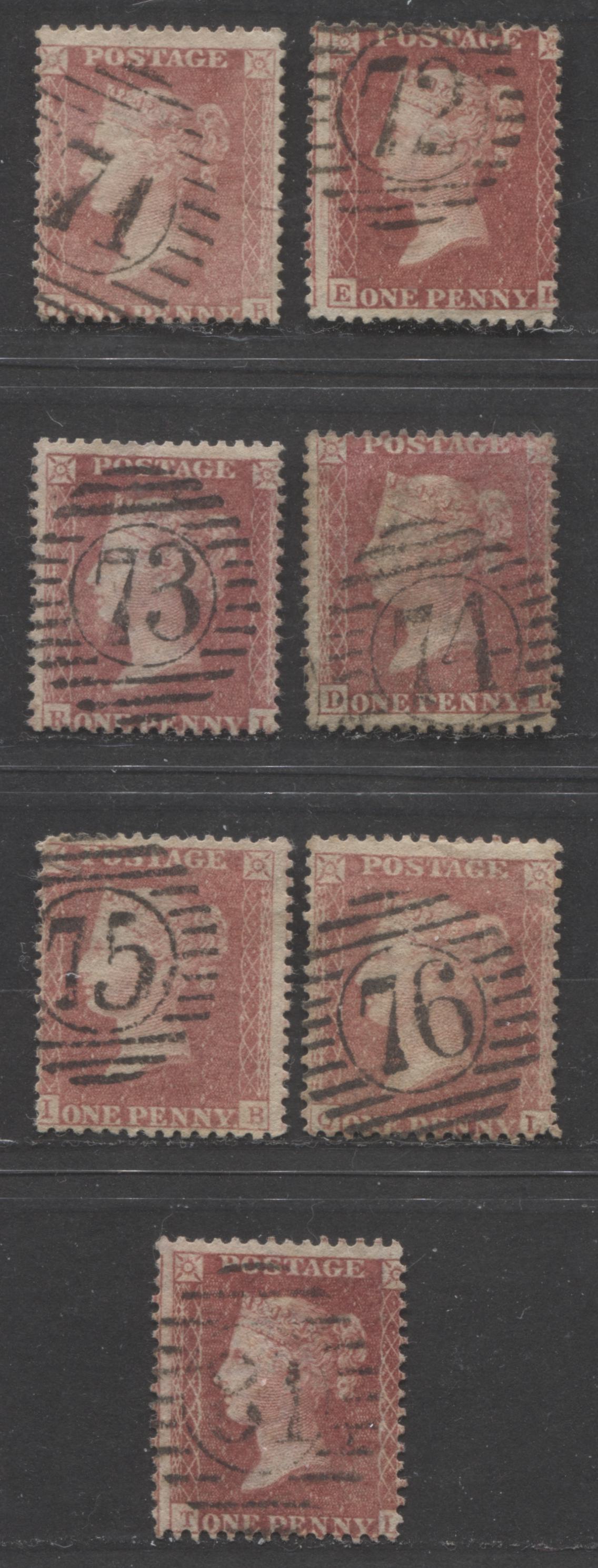 Lot 64 Great Britain - Vertical Numeral London Duplex Cancels SC#20 1d Rose Red & Pale Rose Red 1857-1863 1d Red Stars, Large Crown, White Paper, Perf. 14 Issue, 71, 72, 73, 74, 75, 76, 81 , 7 VG Used Singles, Estimated Value $15