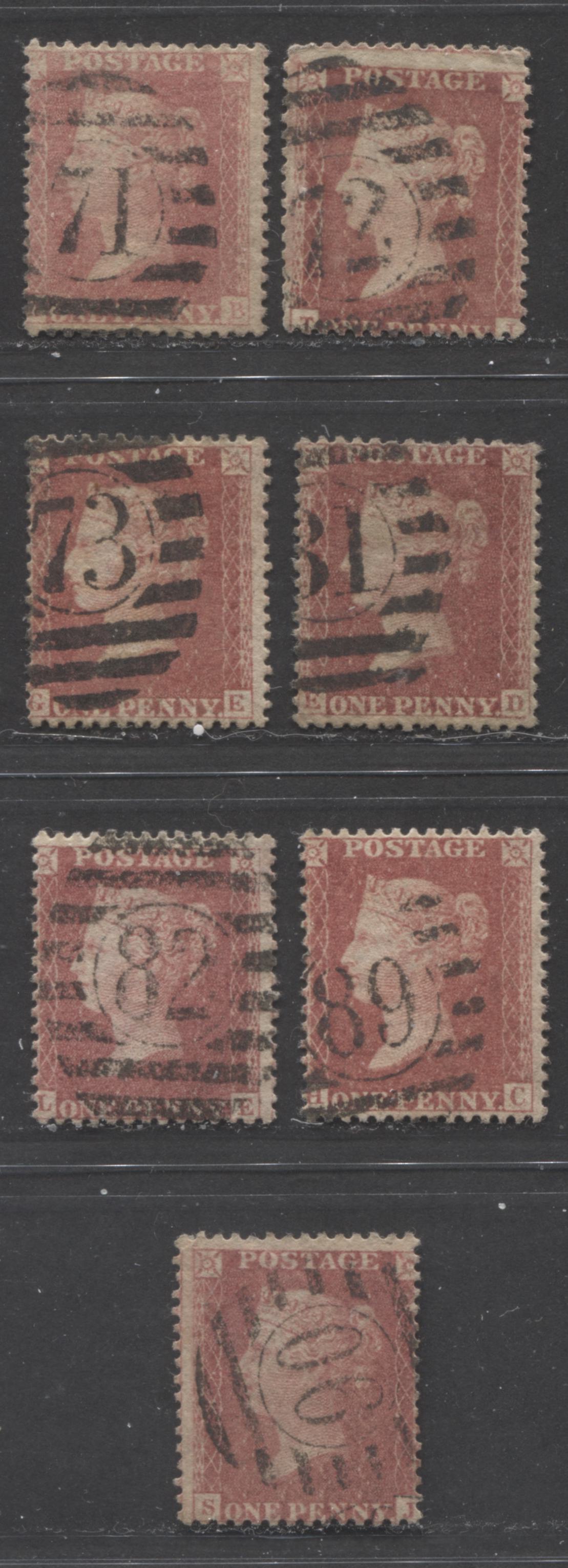 Lot 23 Great Britain - Vertical Numeral London Duplex Cancels SC#20 1d Rose Red & Pale Rose Red 1857-1863 1d Red Stars, Large Crown, White Paper, Perf. 14 Issue, 71-73, 81-82, 89-90 , 7 Good & VG Used Singles, Estimated Value $20