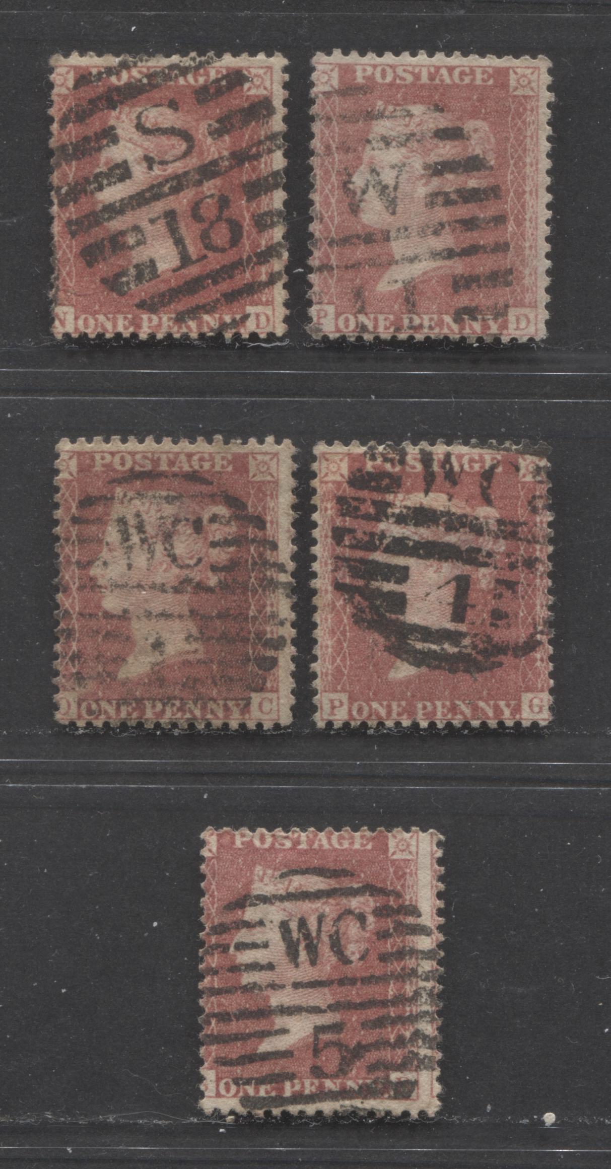 Lot 65 Great Britain - Dubus Type 1c, 4, 6A & 9 Vertical Numeral London Duplex Cancels SC#20 1d Rose Red & Pale Rose Red 1857-1863 1d Red Stars, Large Crown, White Paper, Perf. 14 Issue, 5 Good & VG Used Singles, Estimated Value $22