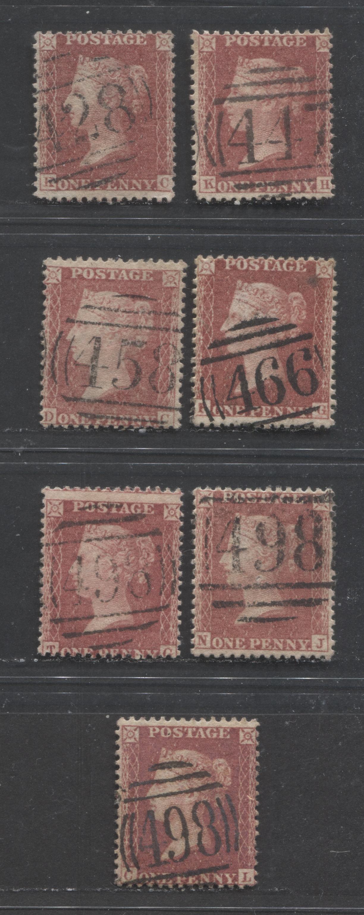 Lot 66 Great Britain - Barred Numeral Cancels For England & Wales: 400-499 SC#20 1d Rose Red & Deep Rose Red 1857-1863 1d Red Stars, Large Crown, White Paper, Perf. 14 Issue, #428/#498, 7 VG & Fine Used Singles, Est. Value $27
