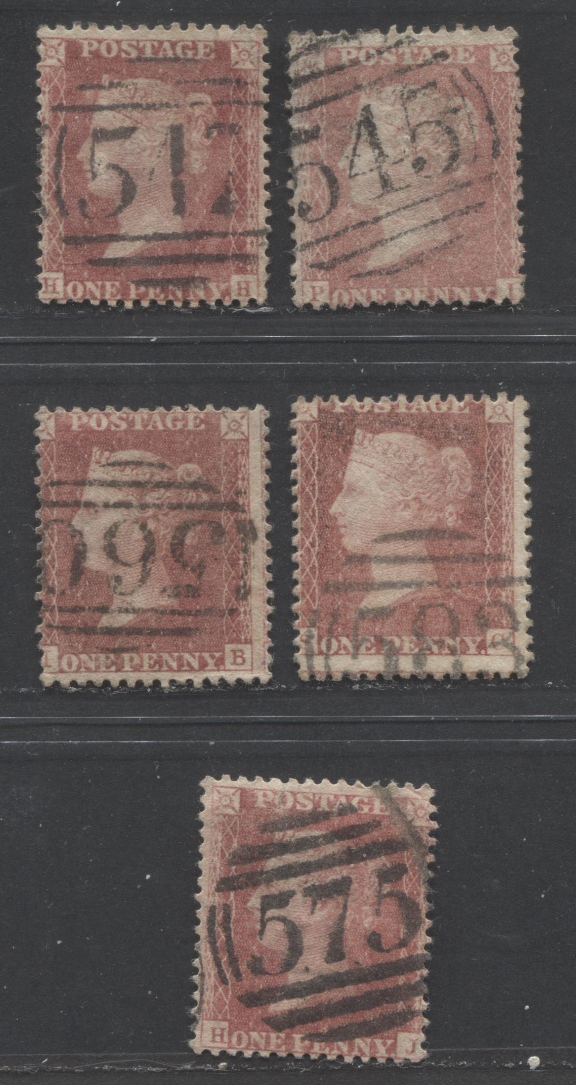 Lot 25 Great Britain - Barred Numeral Cancels For England & Wales: 500-599 SC#20 1d Rose Red & Pale Rose Red 1857-1863 1d Red Stars, Large Crown, White Paper, Perf. 14 Issue, #512, #545, #560, #575, #583, 6 Good & VG Used Singles, Estimated Value $10