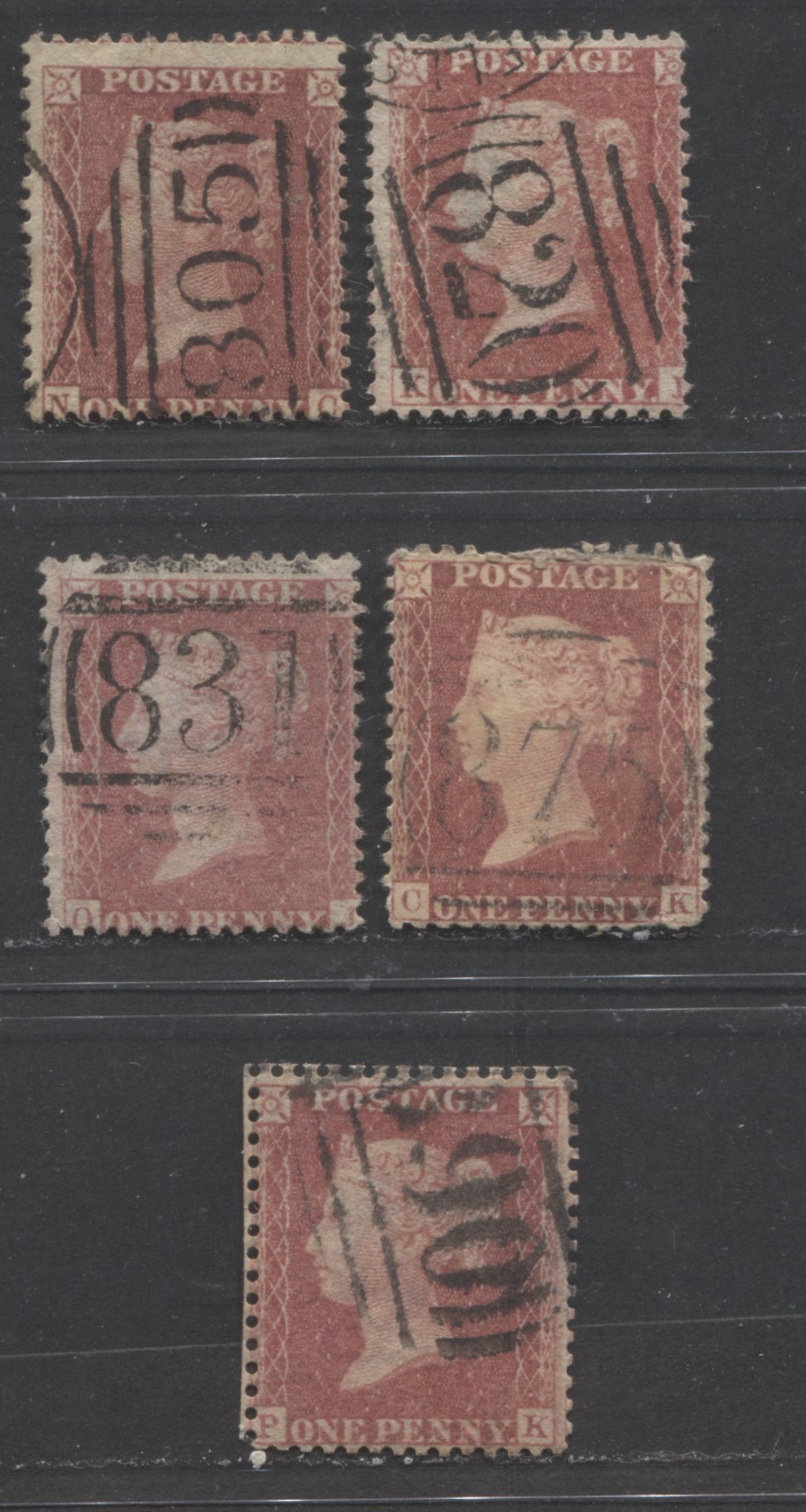 Lot 88 Great Britain - Barred Numeral Cancels For England & Wales: 800-899 SC#20 1d Rose Red 1857-1863 1d Red Stars, Large Crown, White Paper, Perf. 14 Issue, #805, #820, #831, #875 and #890, 5 VG Used Singles, Estimated Value $15