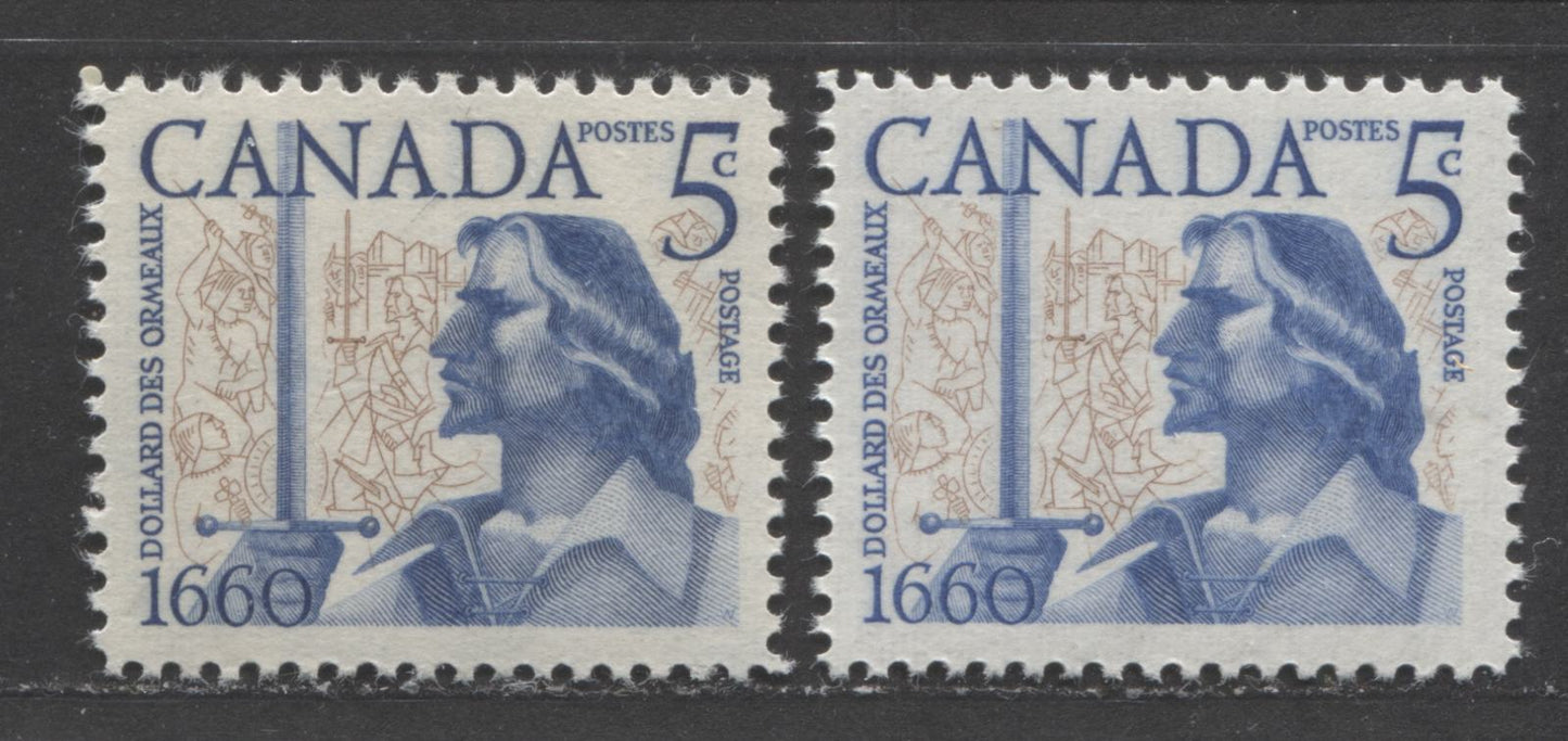 Canada #390var 5c Brown & Dark Blue Dollard Des Ormeaux, 1960 Battle of Long Sault Issue, 2 VFNH Singles Significant Downward Shift Of Vignette, NF Vertical Ribbed Paper, Two Shades