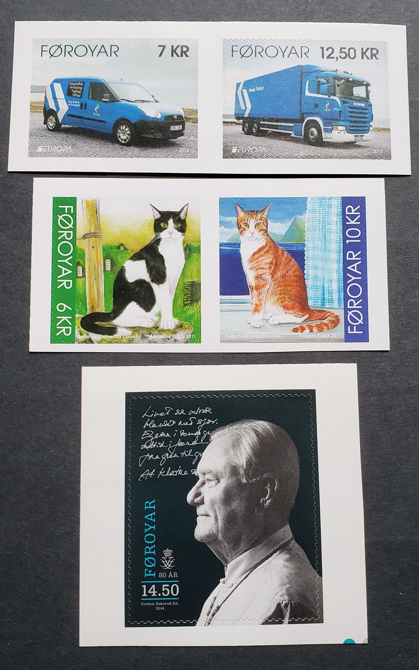 Lot 91 Faroe Islands SC#553/628 2011-2014 Cats - 80th B Day Of Prince Henrik, 3 VFNH Self-Adhesive Booklet Stamps, Click on Listing to See ALL Pictures, 2017 Scott Cat. $18.5