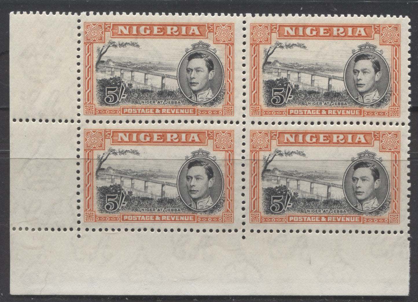 Lot 97 Nigeria #64cvar (SG#59var) 5/- Black & Orange King George VI & Niger Bridge, 1938-1952 King George VI Definitive Issue, A Fine NH/OG LL Corner Block, Comb Perf. 13 x 11.5, 1938 Printing, Vertical Scratch In Sky Variety