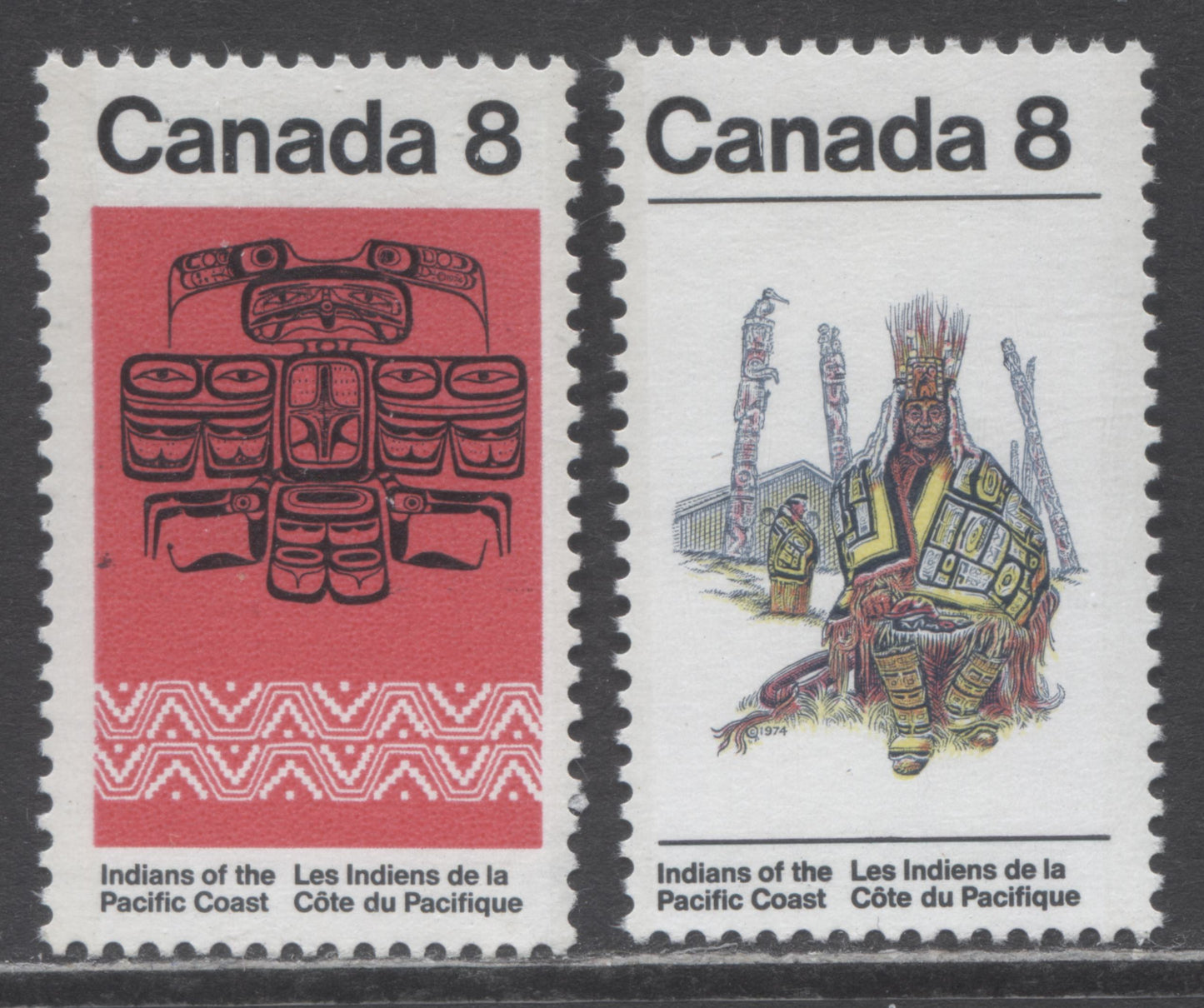 Canada #572var-573var 8c Multicoloured Chief & Blanket & Thunderbird, 1974 Pacific Coast Indians Issue, 2 VFNH Singles Unlisted LF/MF Paper