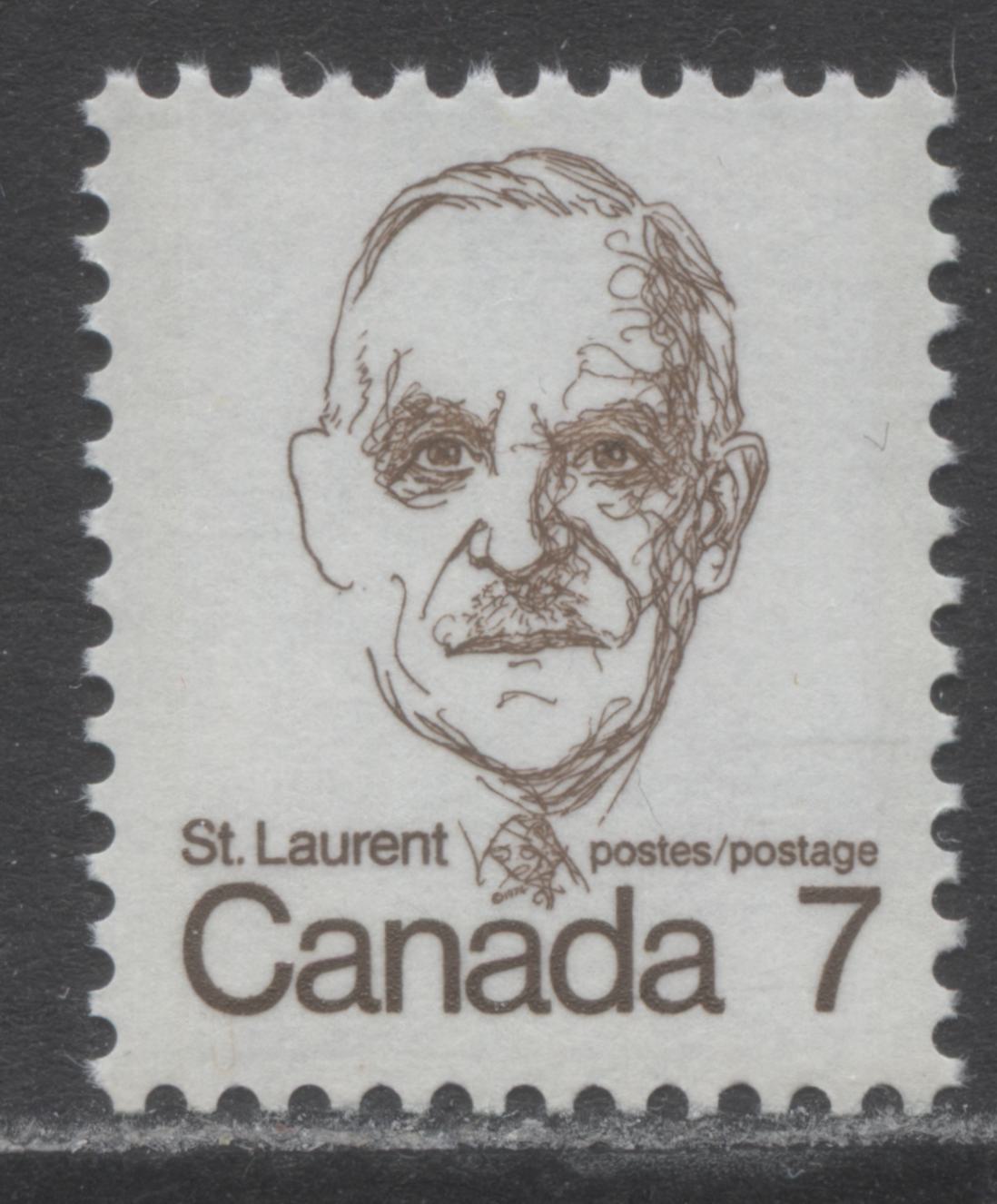 Lot 165 Canada #592var 7c Dark Brown Louis St. Laurent, 1973-1978 Caricature Issue, A VFNH Single Vertical Hairline Tagging Streak Running Down Middle Of Stamp, DF1/DF2 Vertical Ribbed Paper, Near Invisible Tagging, Satin PVA Gum, BABN Printing
