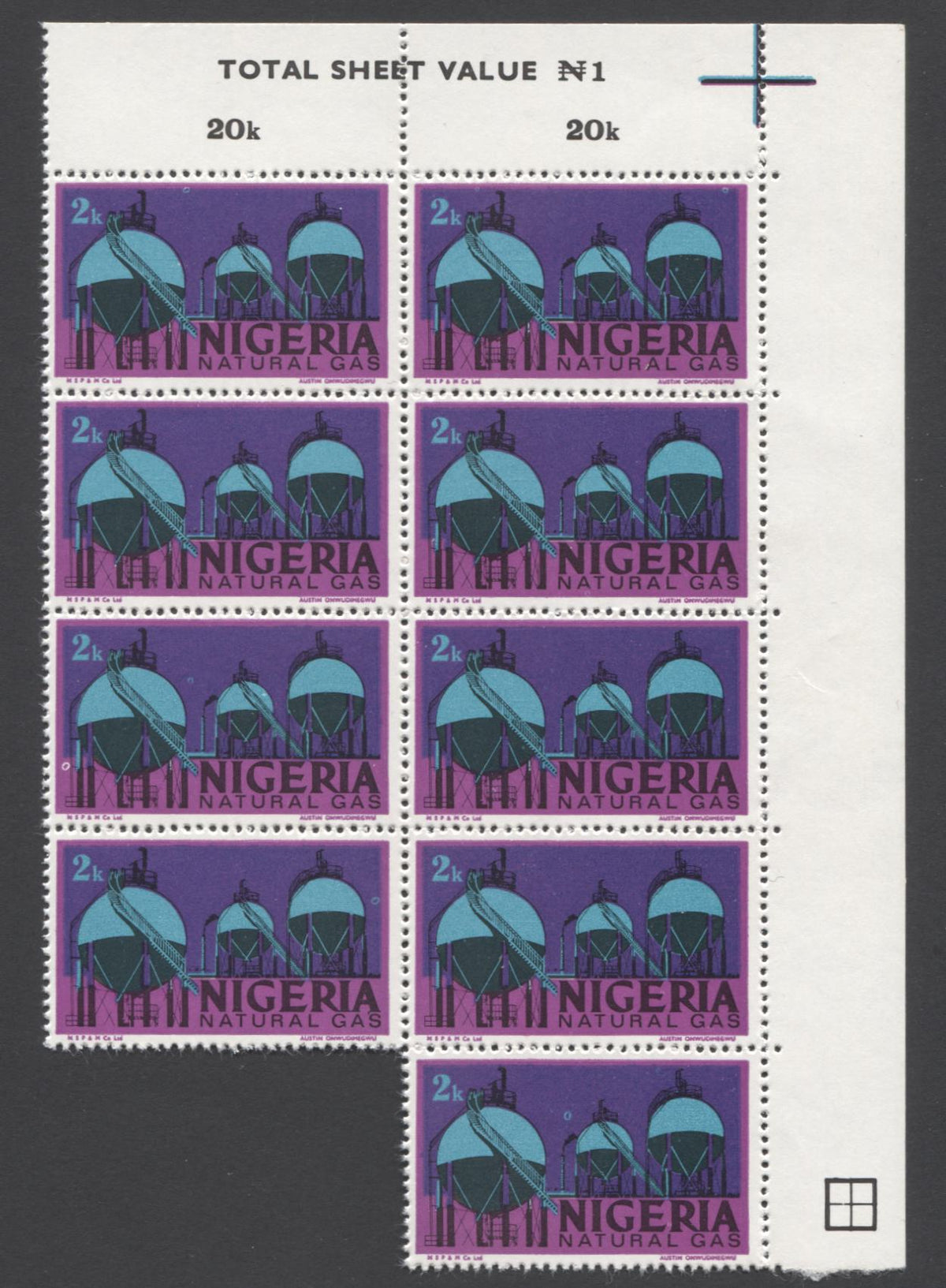 Lot 166 Nigeria #292b 2k Natural Gas, 1975-1986 Nigerian Life & Industry Definitive Issue, A VFNH Upper Right Value Counter Block Of 9 Upright Wmk, Dark Purple Is The Top Colour, F/MF Paper, Satin PVA Gum, Multiple Donut Flaws, Pos. 4, 5, 10, 14, 19 & 25