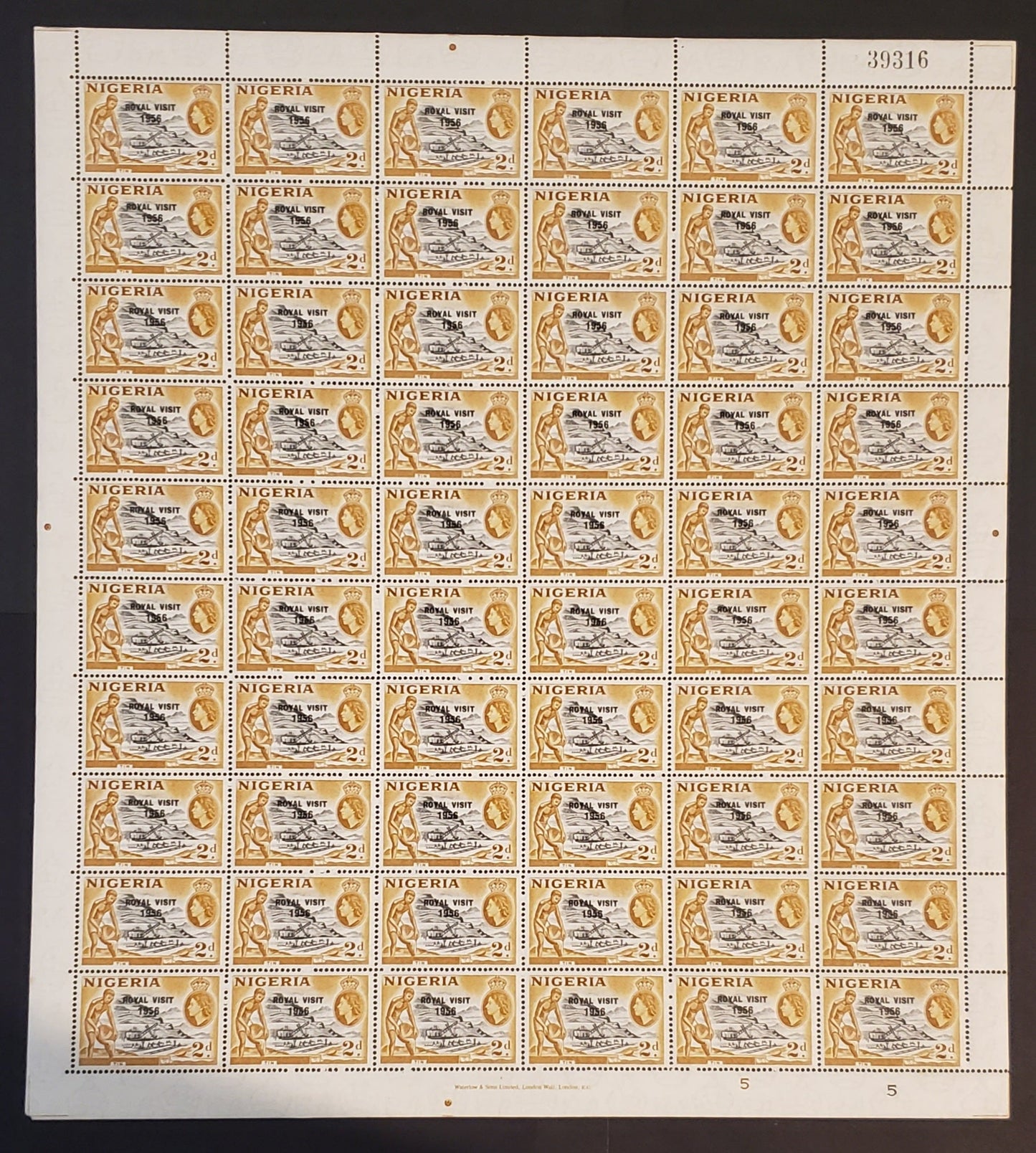 Lot 225 Nigeria #92 2d Black & Brownish Ochre Tin Mining, 1956 Royal Visit Issue, A VFNH Full Plate 4-4 Sheet Of 60 Left Selvedge With Single Extension Hole, T-Guide Mark Added Below Circular Markings, Cutting Guidelines Visible In Corners