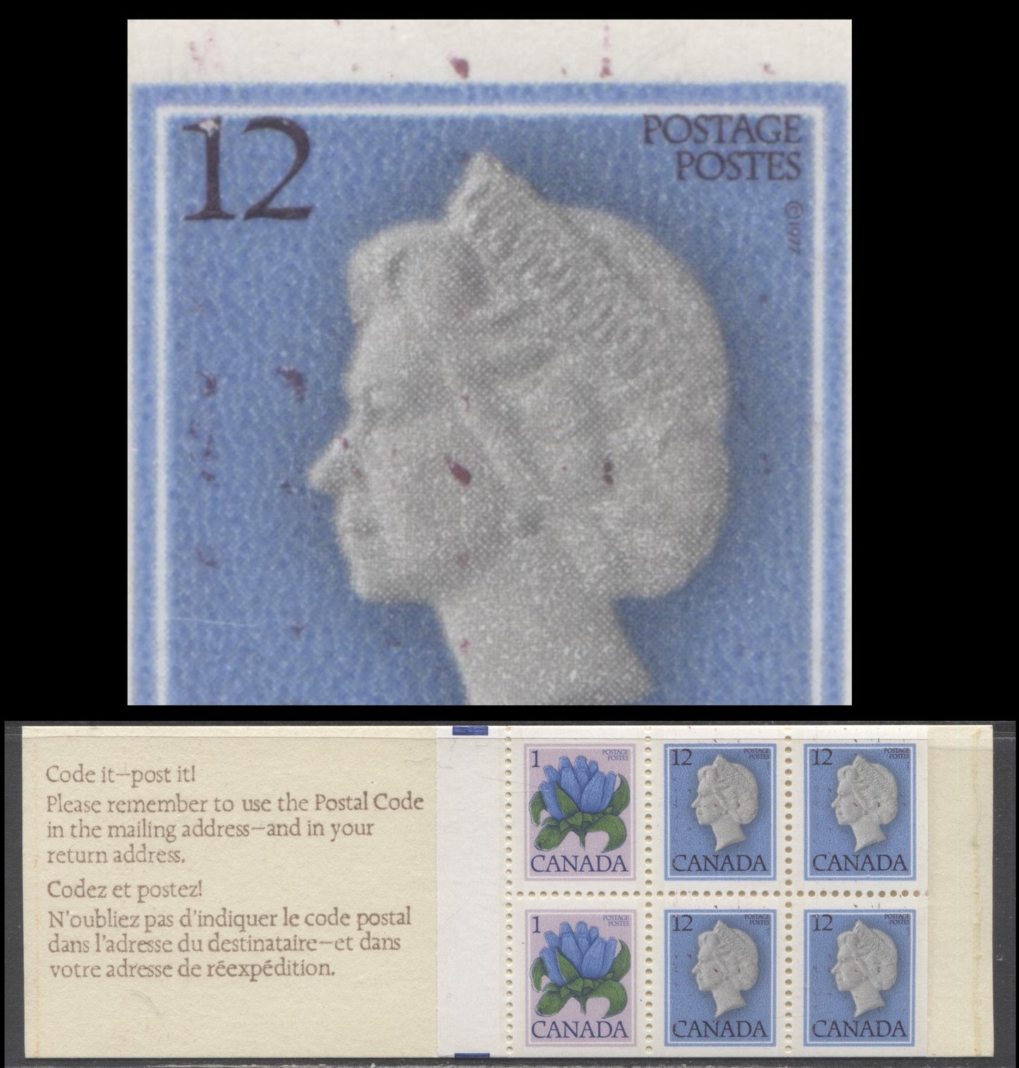 Lot 106 Canada #BK77avar 1c & 12c Multicoloured Bottle Gentian & Queen Elizabeth II, 1977-1985 Floral & Environment Issue, A VFNH Complete Booklet DF/DF Pane, With Dark Deep Plum Ink Smudges On All 12c Stamps