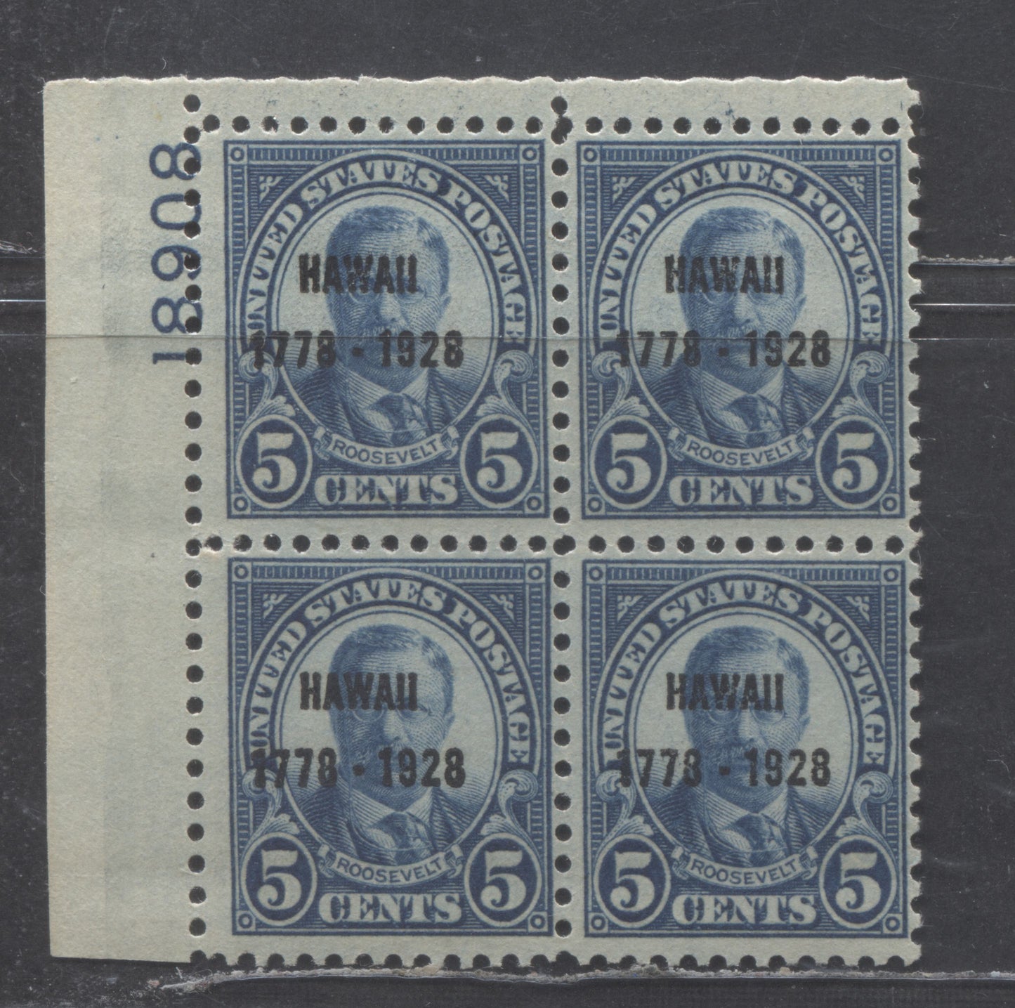Lot 62 United States Of America #648 5c Blue Theodore Roosevelt, 1928 Hawaii Sesquicentennial Issue, A VFNH UL Plate 18908 Block Of 4 Showing Shifts of The Vigentte