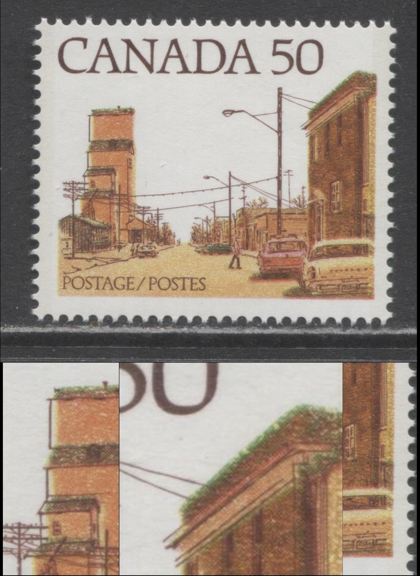 Lot 99 Canada #723iivar 50c Multicoloured Prairie Street Scene, 1977-1982 Floral & Environment Issue, A VFNH Single On DF1/DF1 Coated Paper, With Multiple Colour Shifts: 1/2 mm Rightward Shift Of Orange & 1 mm Upward Shifts Of Yellow & Blue