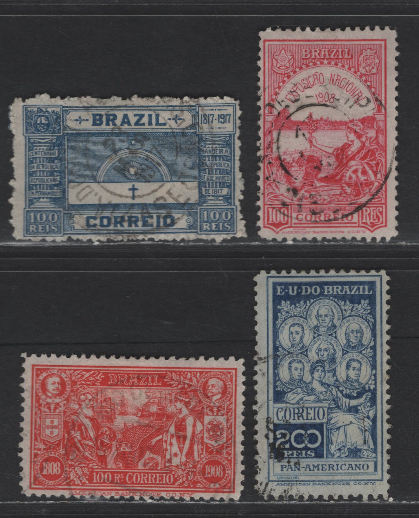 Brazil SC#189/197 1908-1917 National Exhibition, Rio de Janeiro - Revolution of Pernambuco Issues, 4 Fine Used Singles, Click on Listing to See ALL Pictures, 2022 Scott Classic Cat. $13.
