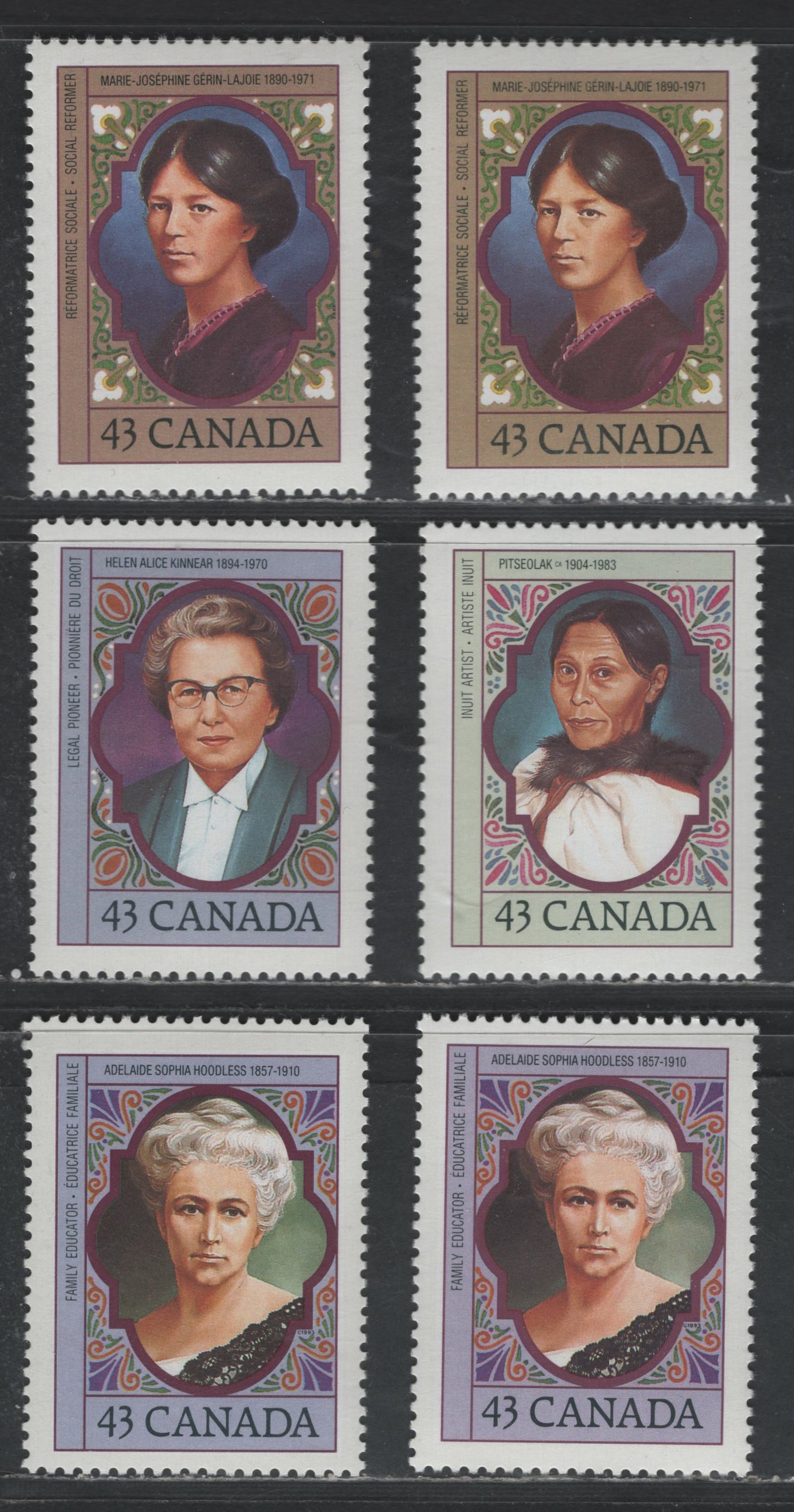 Canada #1456-1459 43c Multicoloured Adelaide Sophia Hoodless - Helen Alice Kinnear, 1993 Canadian Women Issue, 6 VFNH Singles Showing The Common Shade Variations Of The Background Colour, NF/DF1 Coated Papers Paper