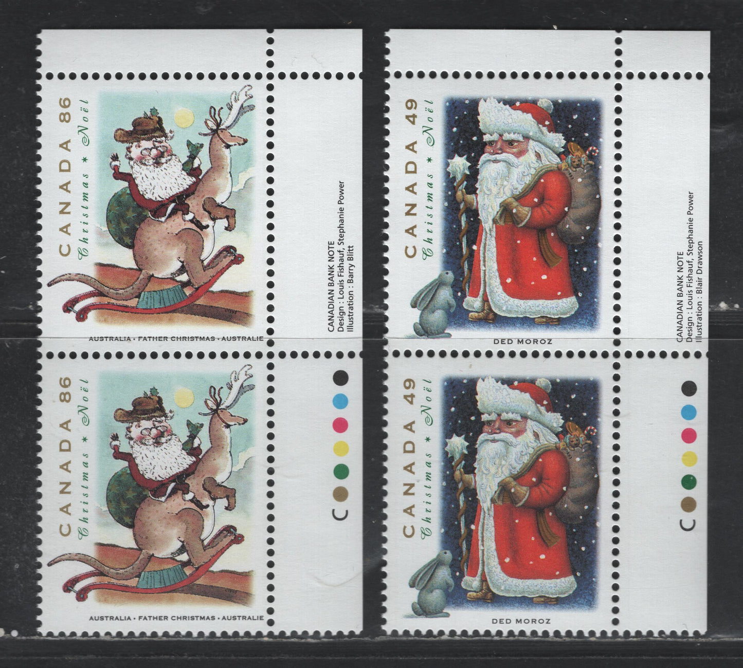 Canada #1500-1501var 49c-86c Multicoloured Ded Moroz - Father Christmas, 1993 Christmas Issue, 2 VFNH Inscription Pairs On The Scarcer NF/DF2 Coated Papers Paper
