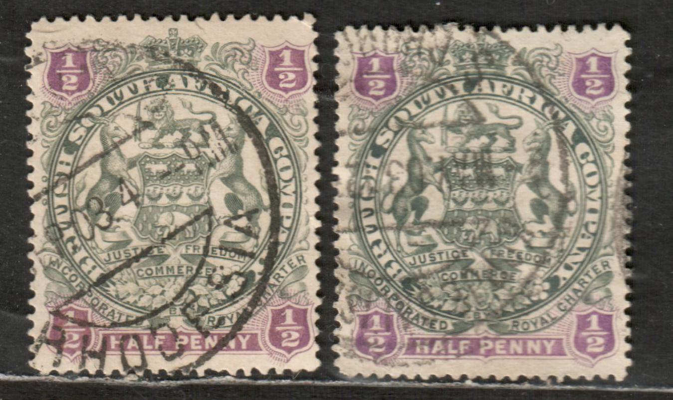 Rhodesia SG#66 1/2d Slate & Brown Purple, Deep Slate & Deep Lilac 1897 Round Arms Issue W/ Ends Of Scrolls Between Springbok's Legs, 2 Very Fine Used Singles, Click on Listing to See ALL Pictures, Estimated Value $19