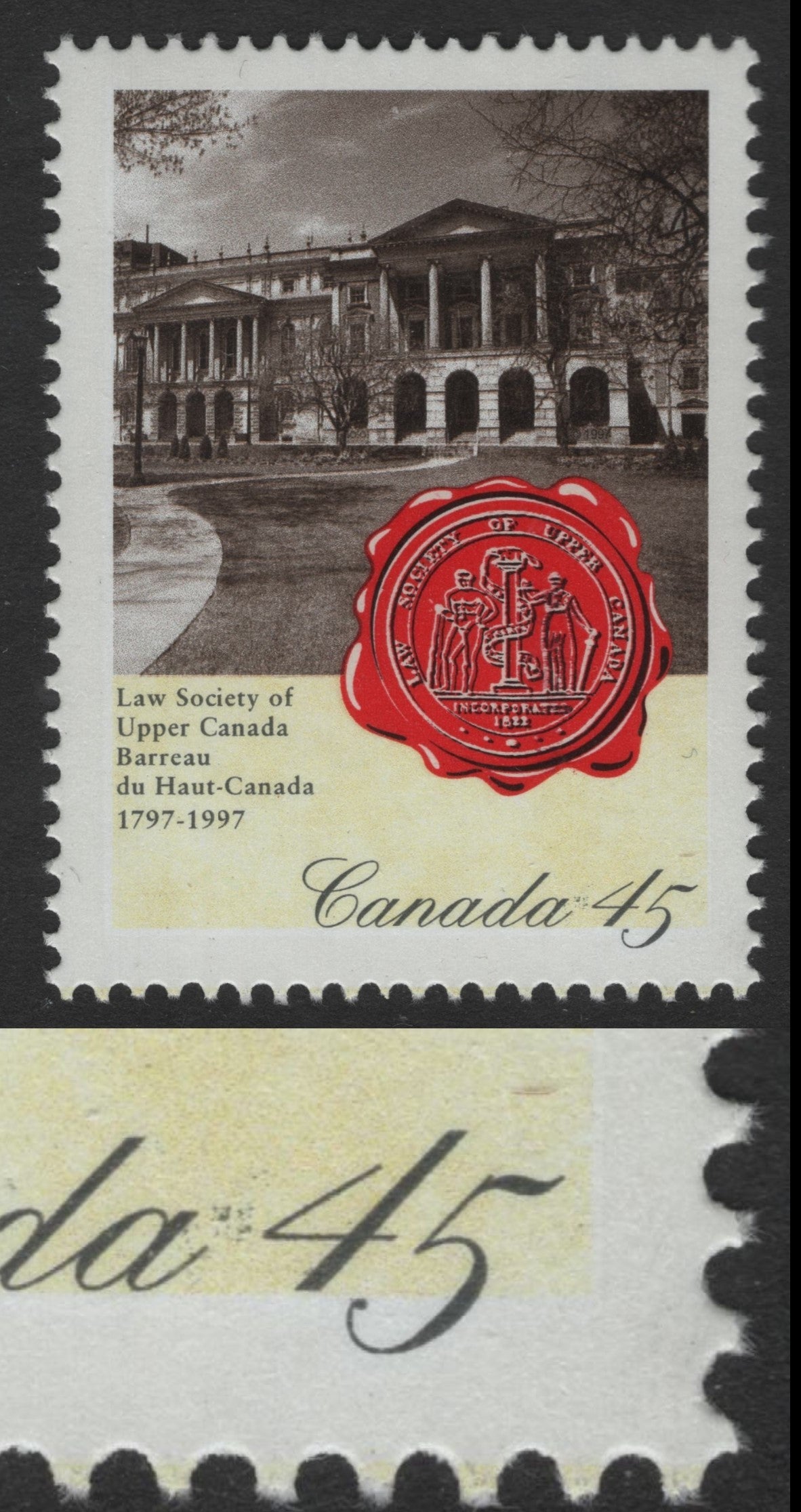 Canada #1640var 45c Multicoloured Osgoode Hall, 1997 Law Society Of Upper Canada, A VFNH Single Showing Smudge Between "Canada" & "45"