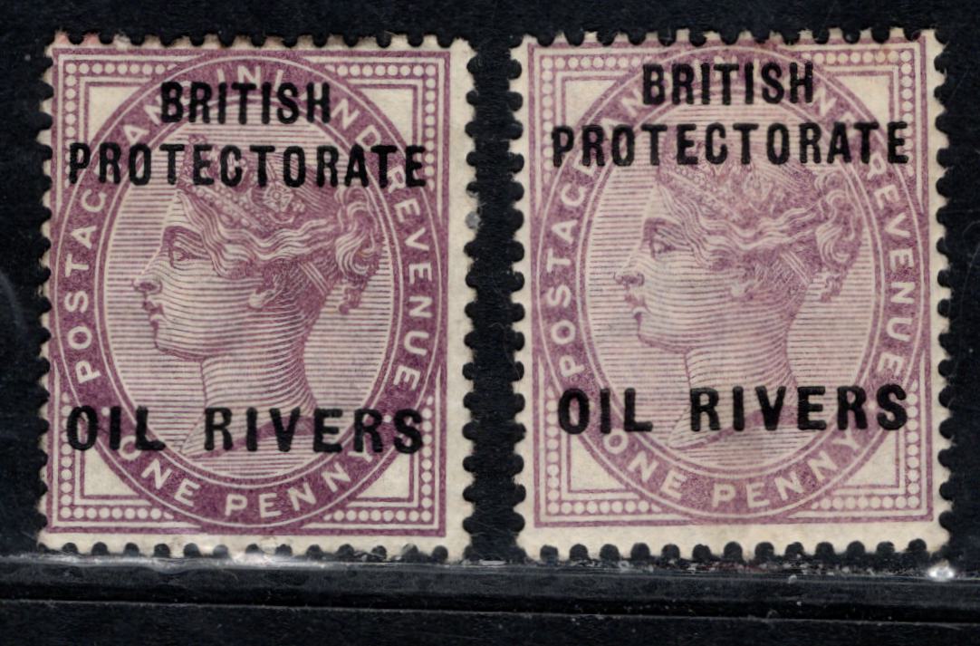 Lot 160 Niger Coast Protectorate SG#2 1d Lilac & Deep Lilac Queen Victoria, 1892-1894 Overprinted 1887 Jubilee Issue, 2 FOG Singles Showing Different Column Printings,