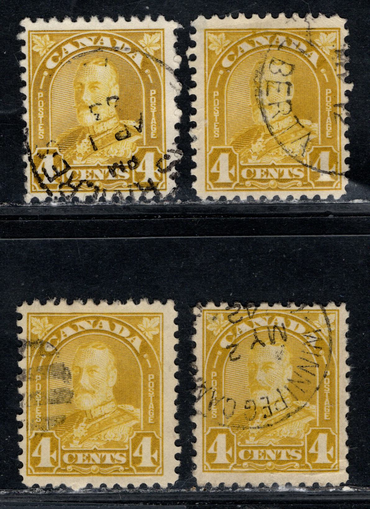 Canada #168 4c Deep Bistre, Bistre, Yellowish Bistre & Bistre Yellow King George V, 1930-1931 Arch/Leaf Issue, 4 Fine Used Singles