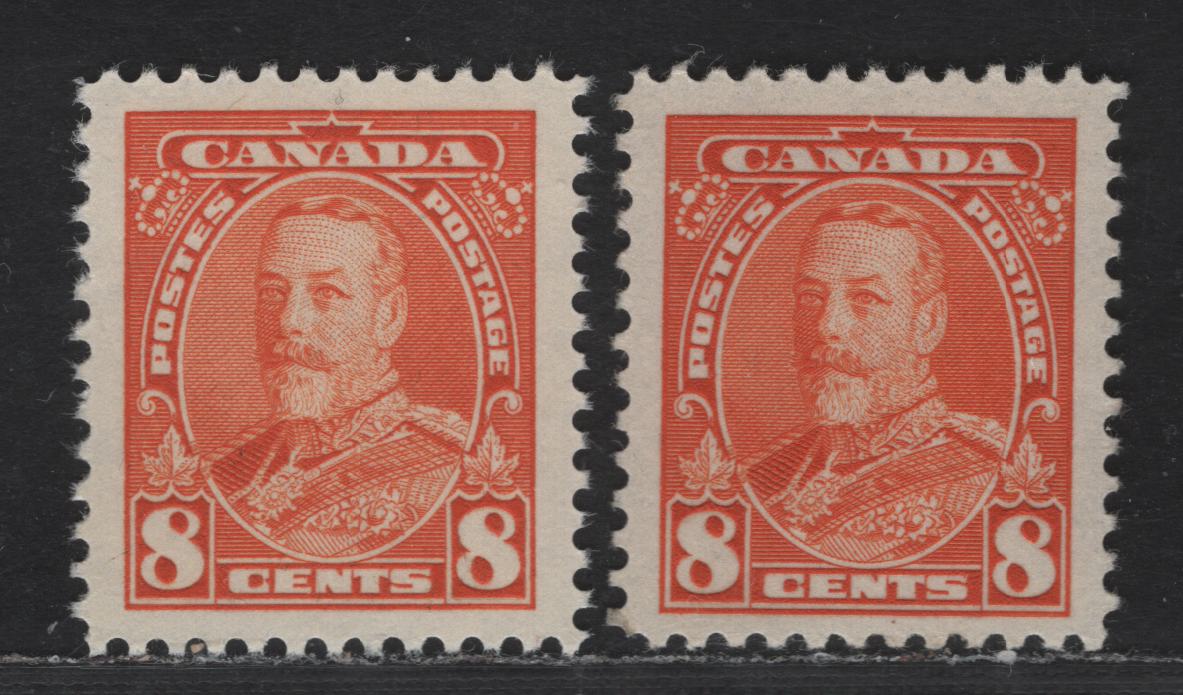 Canada #222 8c Orange & deep Orange King George V, 1935-1937 Dated Die Issue, 2 VFNH Singles On Vertical Wove Paper