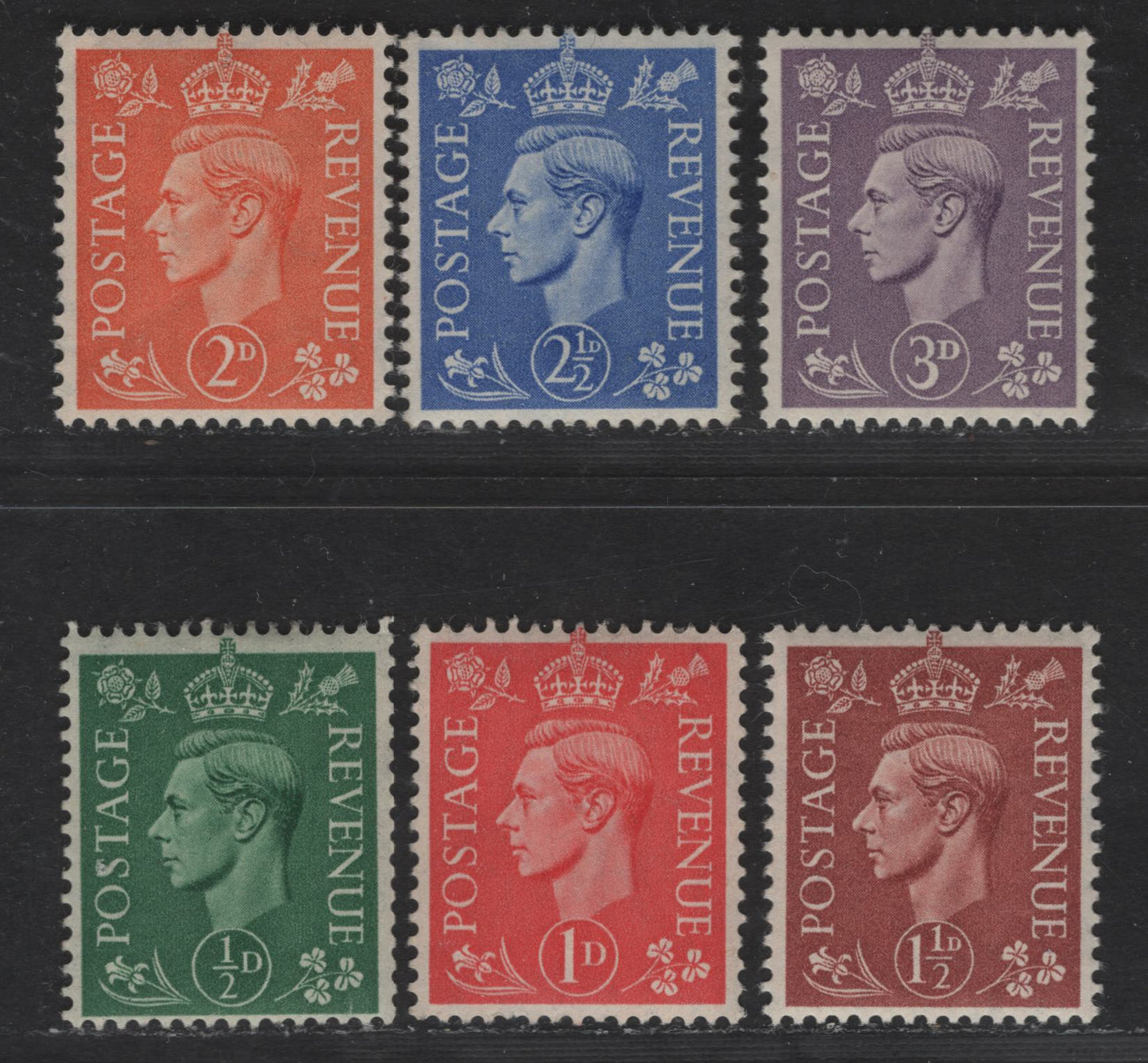 Great Britain SG#462-467 1/2d - 3d Green - Violet King George VI, 1937-1947 KGVI Issue, 6 F/VFOG Singles, Wmk 127, Perf 15x14