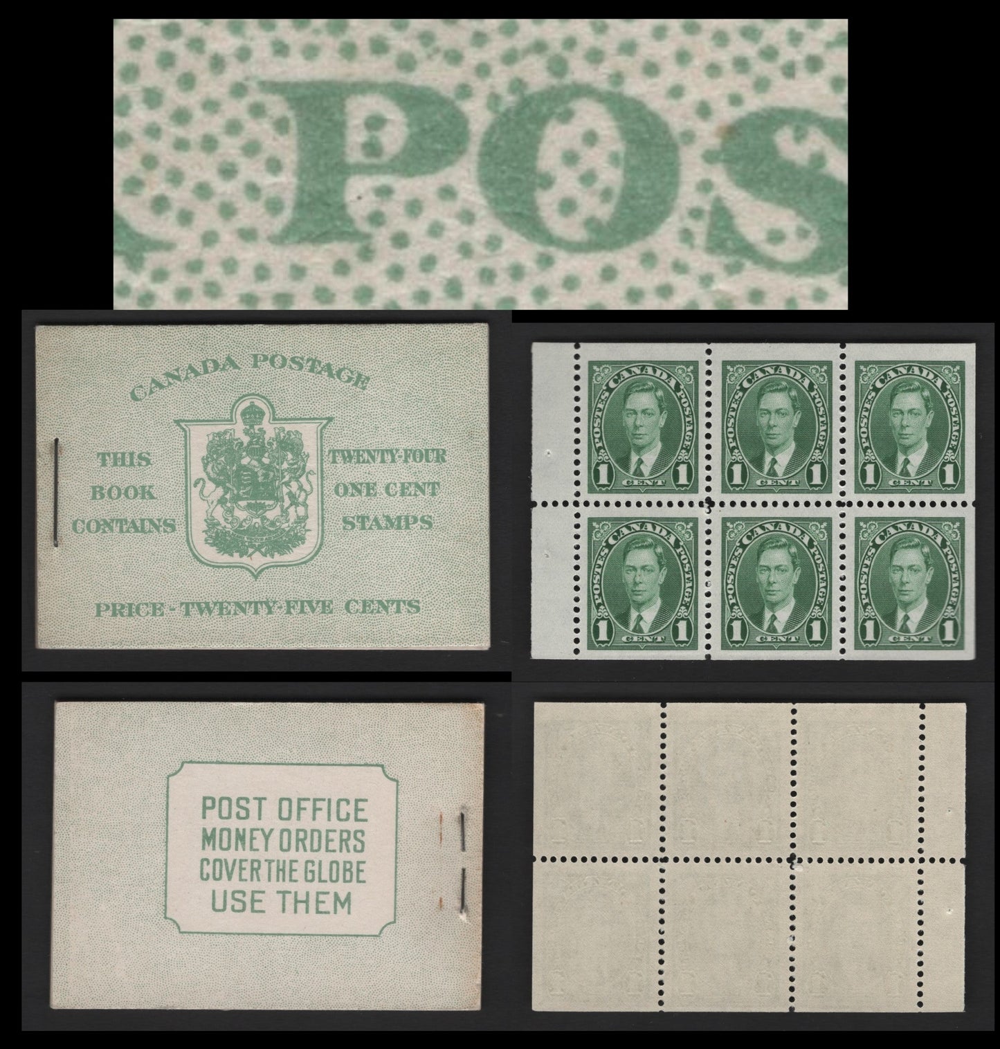 Canada #BK28cE 1c Deep Bluish Green, 1937-1942 Mufti & Pictorial Issue, A VFNH Complete 25c Booklet English Text, Type II 6c Airmail Rate, Harris Cover Type IIa, 4 Panes Of 6, Vertical Wove Paper With Light Horizontal Ribbing, Semi-Gloss Cream Gum