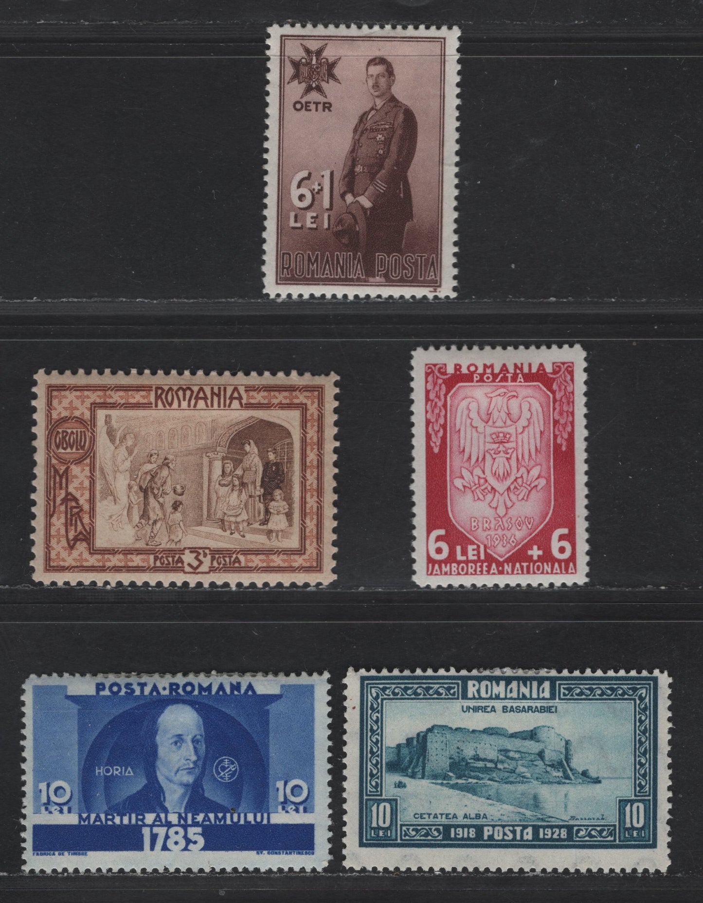 Lot 180 Romania SC#70-80 10i - 6i+6i Prussian Blue - Carmine Rose Parliament House - Jamboree Emblem, 1928 -1936 Reunion of Bessarabia & Romania - Semi Postal Issues, 5 F/VFOG Singles ,