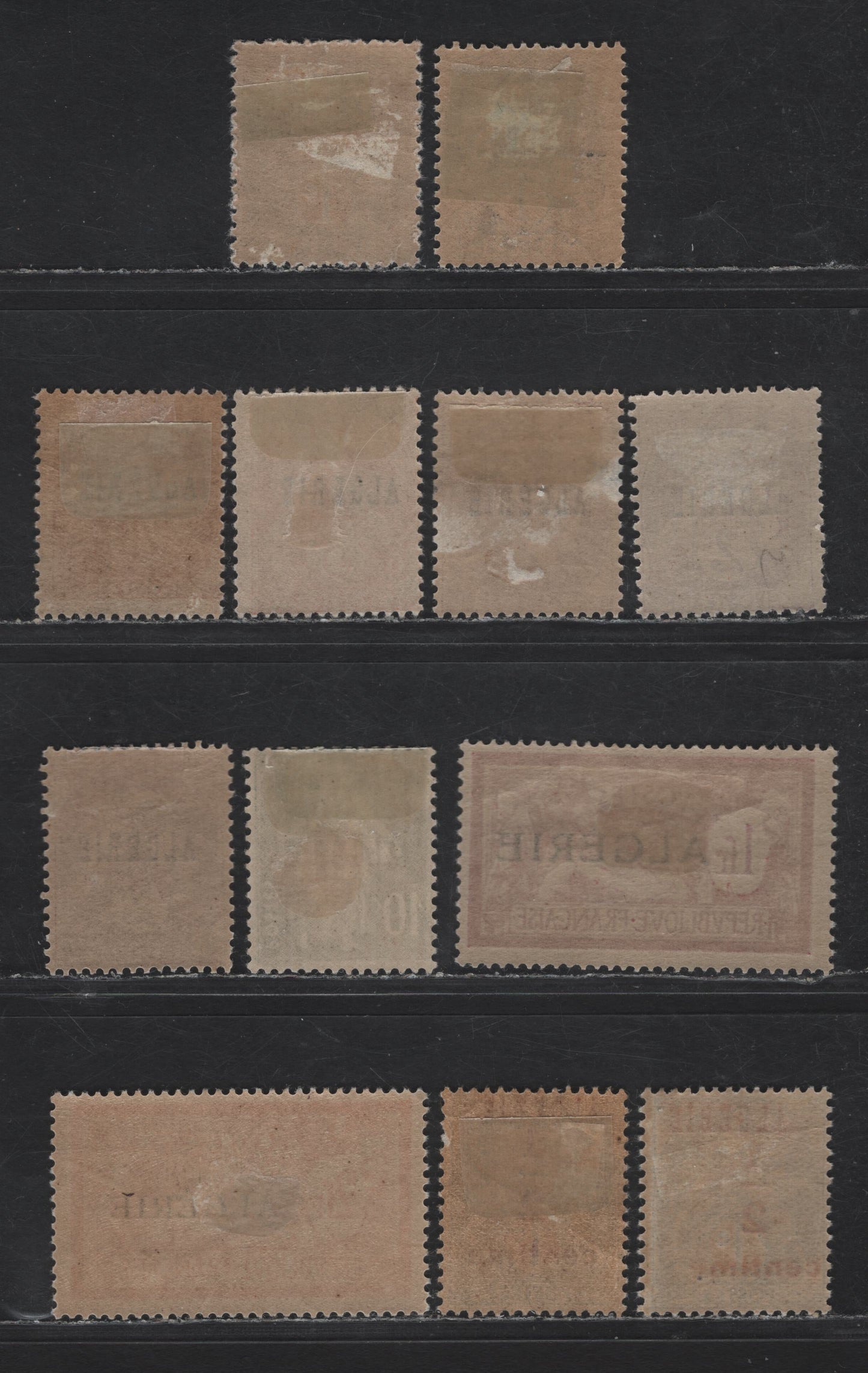 Lot 1 Algeria SC#1, 1a, 2-4, 7, 28, 30, P1 1c - 2fr Slate - Orange & Pale Blue Liberty & Scales, 1924-1926 Overprinted Liberty & Peace Issue, 12 F/VFOG Singles, Includes 3 Shades Of P1