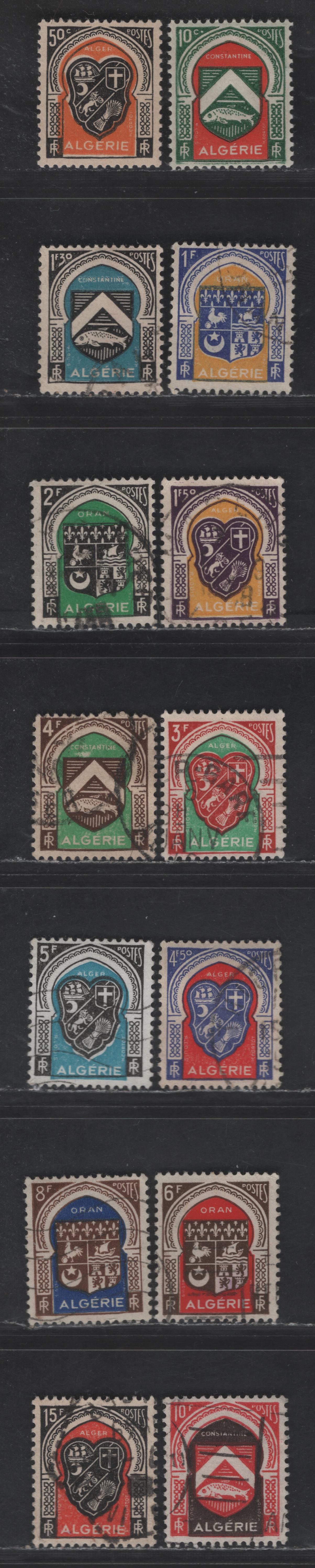 Lot 16 Algeria SC#210-215, 217, 219 10c - 15fr Dark Green & Bright Red - Black & Red Constantine - Algiers, 1947-1949 Arms Definitives, 14 Fine/Very Fine Used & Mint Singles, 10c & 50c are Mint, Rest Used