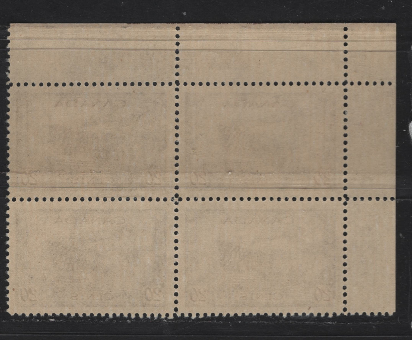 Lot 268 Canada #260 20c Chocolate Corvette, 1942-1943 War Issue, A VFNH UL Plate 1 Block Of 4, Perf 12, Perf Separating At Top