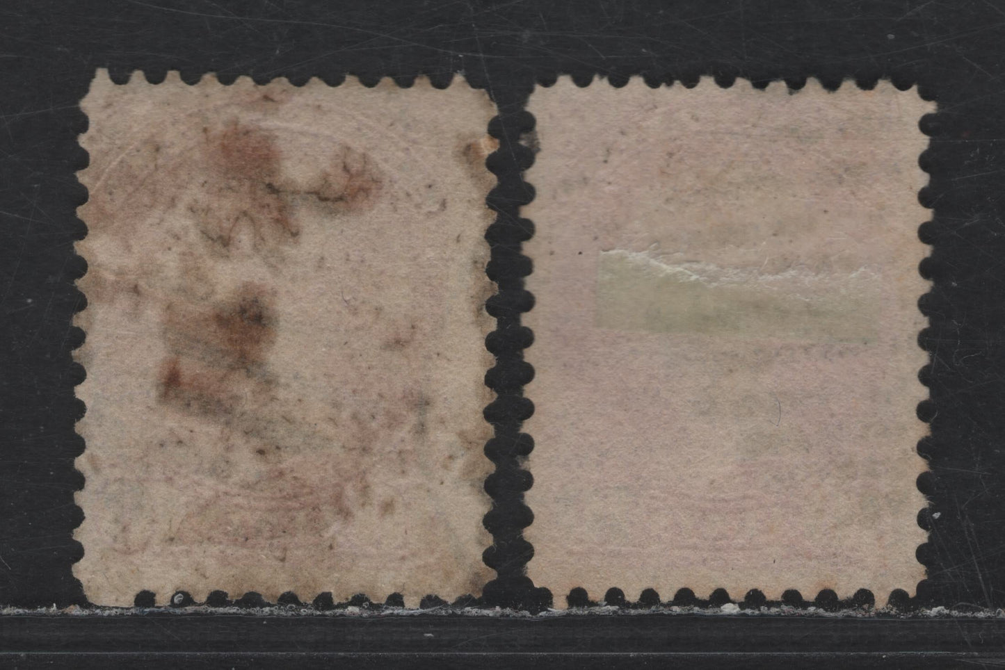Lot 313 Canada #45a 10c Deep Rose Queen Victoria, 1870-1897 Small Queen Issue, 2 Good & VG Used Singles Early Second Ottawa Printings On Stout, Non-Porous Hard Vertical Wove (LM-D), Perf. 12, One With A Translucent Stain That Might Come Out With A Soak