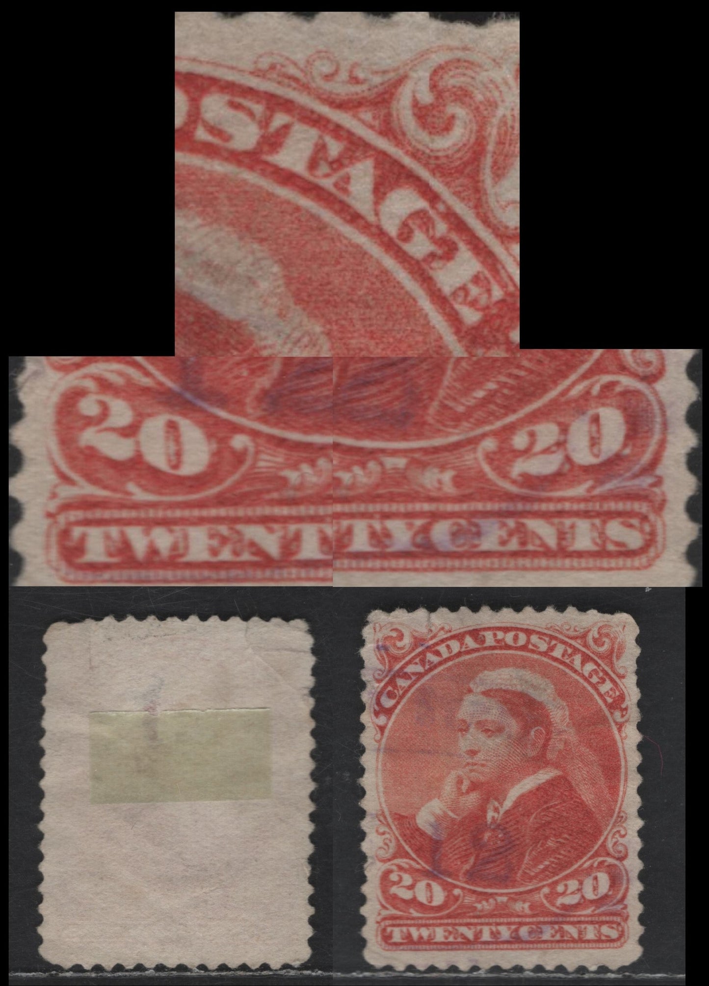 Lot 316 Canada #46 20c Vermilion, A Fair Used Single Late Second Ottawa Printing On Soft, Porous Horiziontal Wove With Fine Mesh & Smooth Finish (2O-I), Extensive Dry Inking Flaws, Short Perfs, Severe Crease & Tear At Upper Left