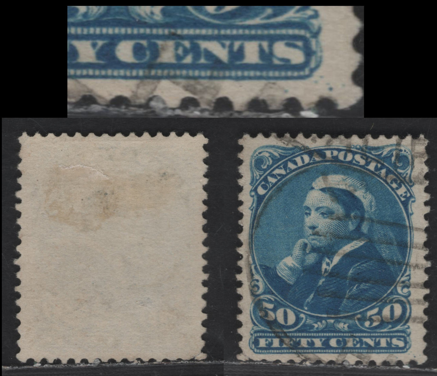 Lot 318 Canada #47 50c Blue Queen Victoria, 1870-1897 Small Queen Issue, A Fine Used Single Late Second Ottawa Printing On Soft, Porous Horiziontal Wove With Fine Mesh & Smooth Finish (2O-I), Perf. 12, Guide Dots & Lower Right Corner