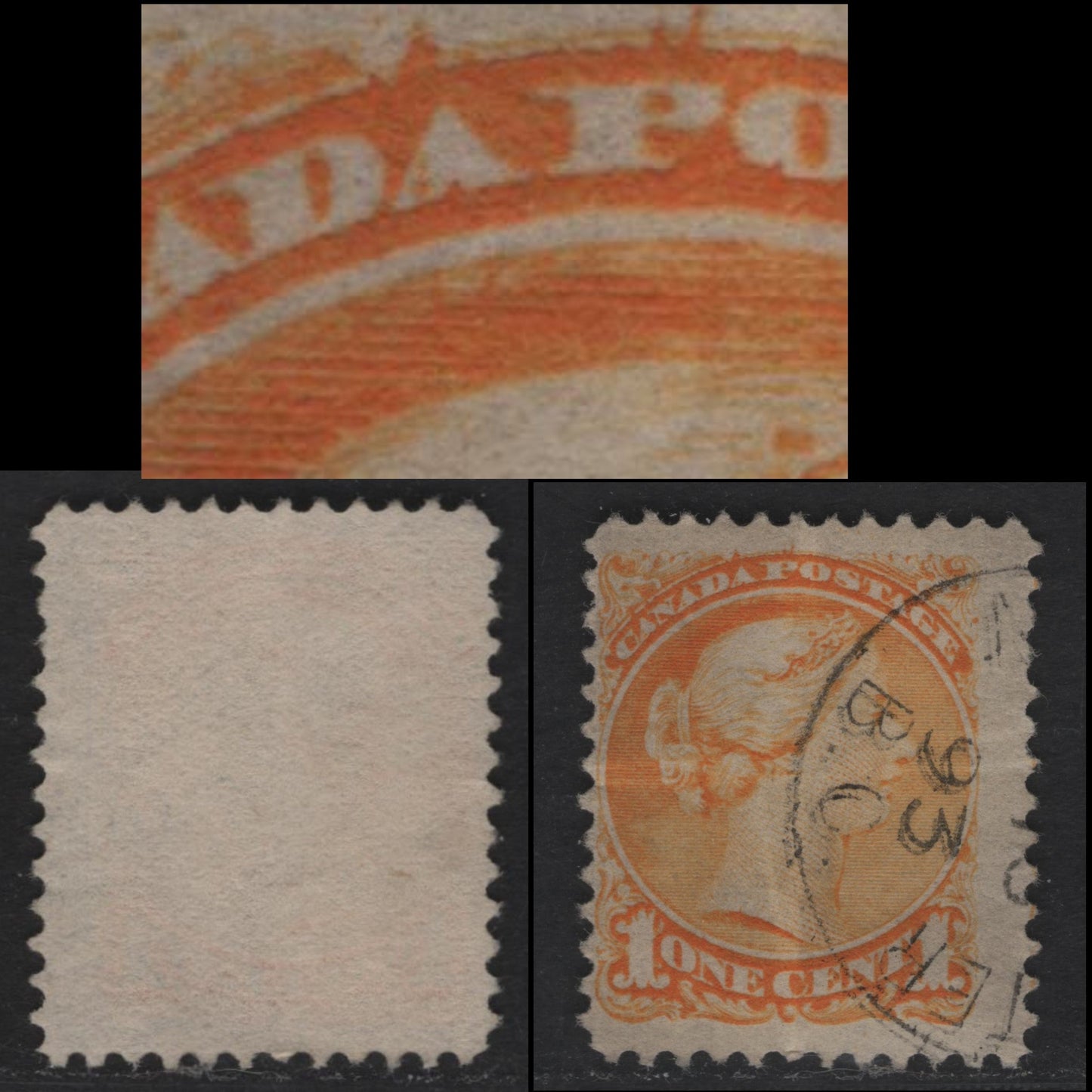 Lot 330 Canada #35ii 1c Orange Queen Victoria, 1870-1897 Small Queen Issue, A Fine Used Single Early Second Ottawa Printing, Thin, Soft, Porous White Newsprint With Horizontal Mesh (2O-A), Perf. 12, Spur Above Last "A" Of "Canada"