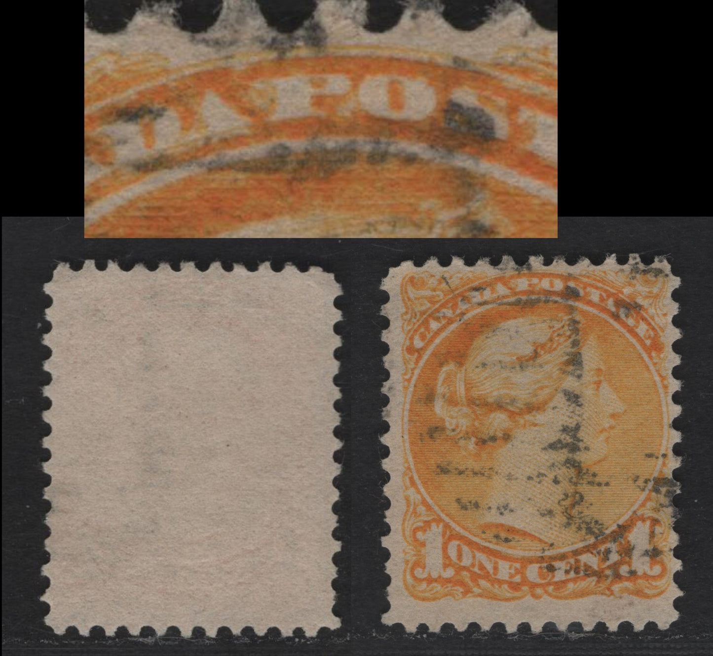 Lot 334 Canada #35var 1c Yellow Queen Victoria, 1870-1897 Small Queen Issue, A Fine Used Single Mid To Late Second Ottawa Printing, Medium Porous Horizontal Mesh Paper, Large White Flaw Between "PO" Of Postage, Perf. 12