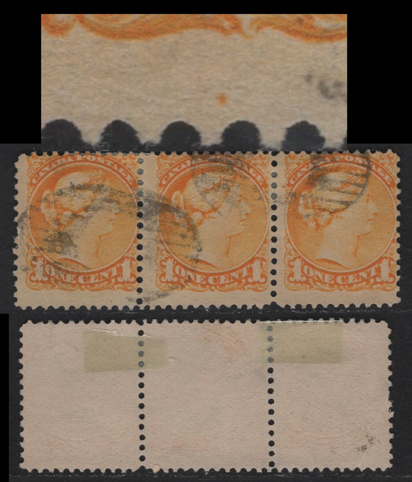 Lot 335 Canada #35 1c Bright Orange Yellow, A VG Used Strip of 3 Mid Second Ottawa Printing, Showing Plate Dot In Lower Margin Of Left Stamp Below "T" Of Cent, Odd, As These Dots Are Not Supposed To Be On The Second Ottawa Plates