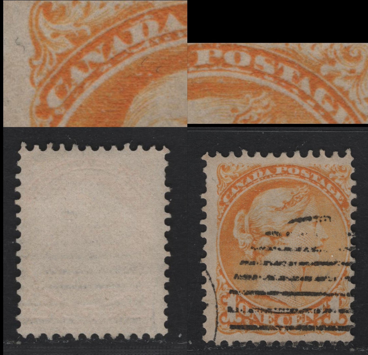Lot 339 Canada #35ivar 1c Yellow Queen Victoria, 1870-1897 Small Queen Issue, A VG Used Single Mid Montreal Printing On Hard Medium White Wove With Fine Vertical Mesh (MM-F), Perf. 12 x 12.1, Extensive Dry Inking Flaw Under "CANADA POSTAGE"